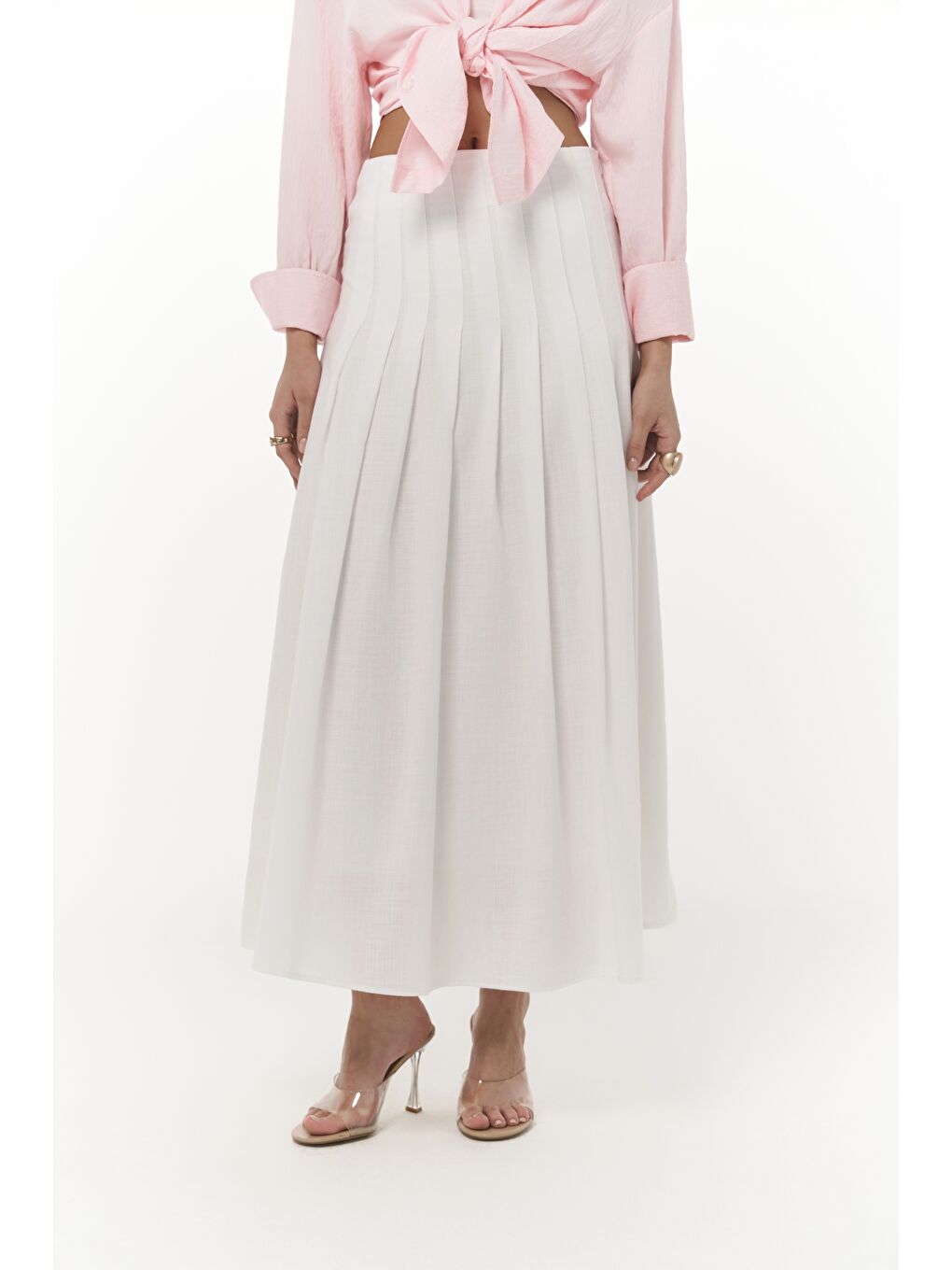 Sera Pile Detay Beyaz Uzun Etek-2