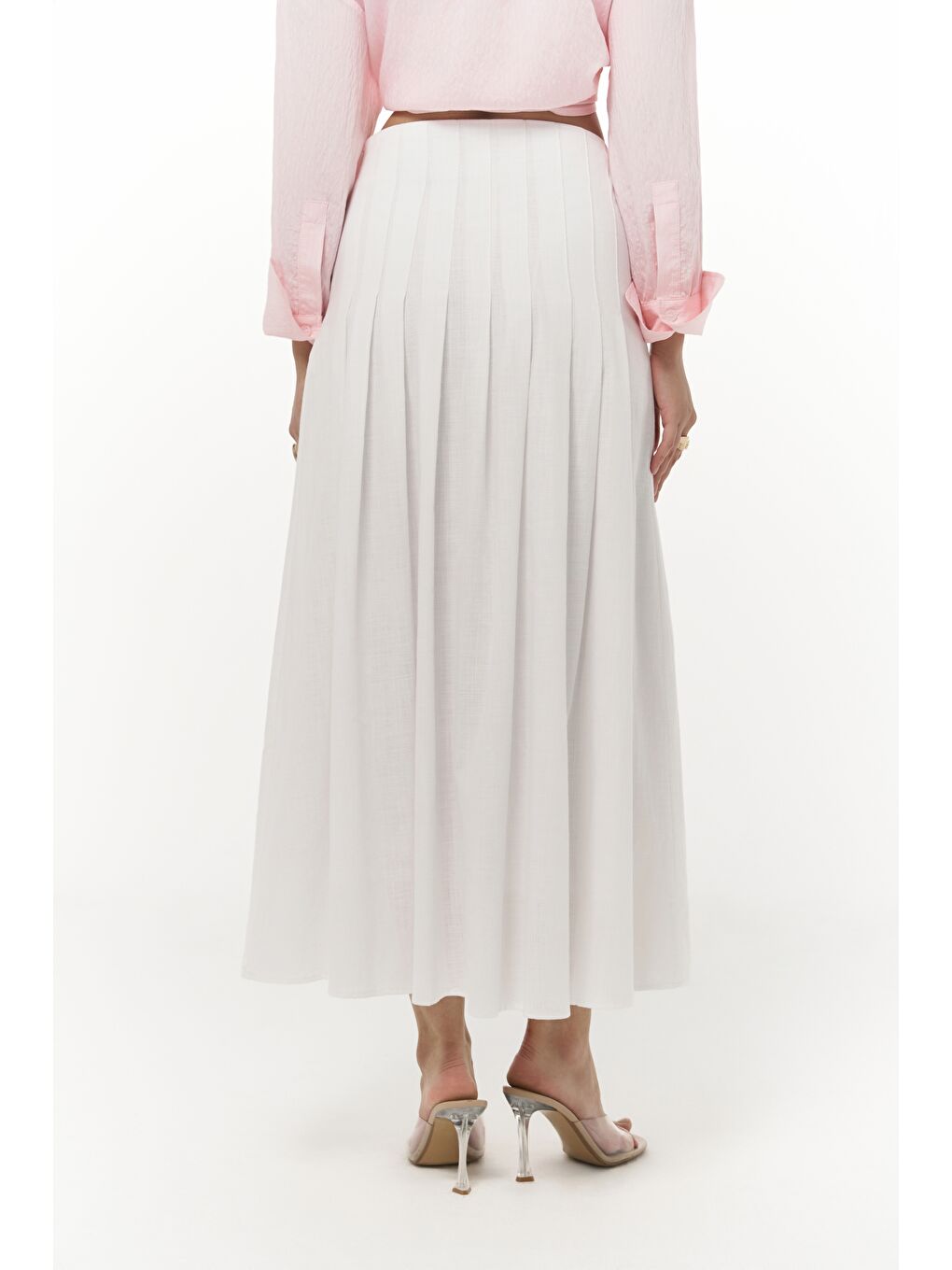 Sera Pile Detay Beyaz Uzun Etek-5