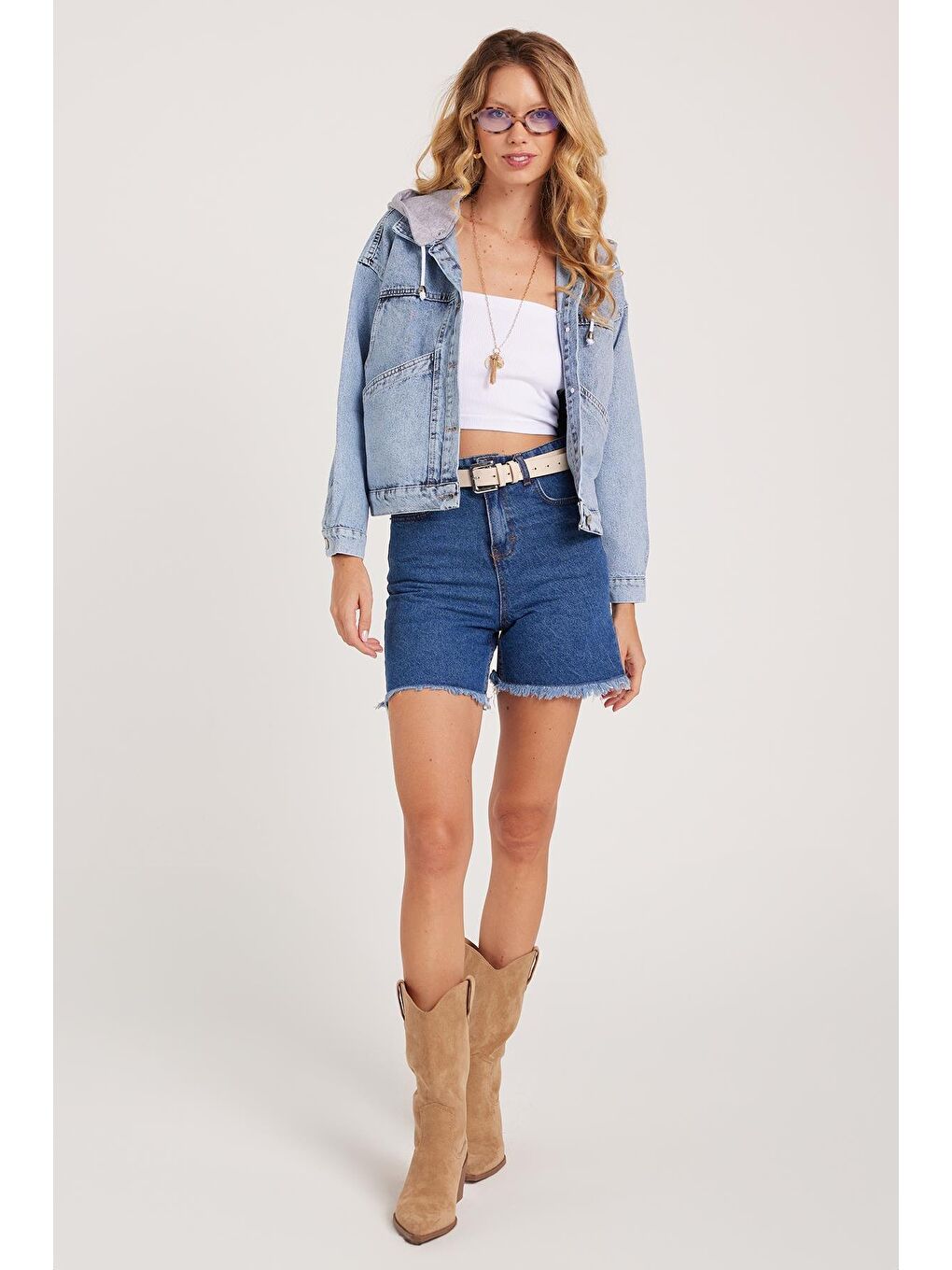 Kadın Regular Fit Klasik Kesim Pamuklu Mavi Jean Jean Şort-4