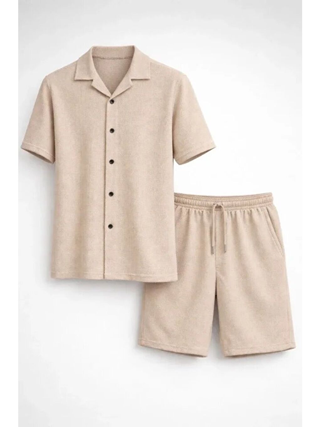 Erkek Waffle Kumaş Kısa Kollu Gömlek Şort Takım Regular Fit Yazlık İkili Set - Bej-1