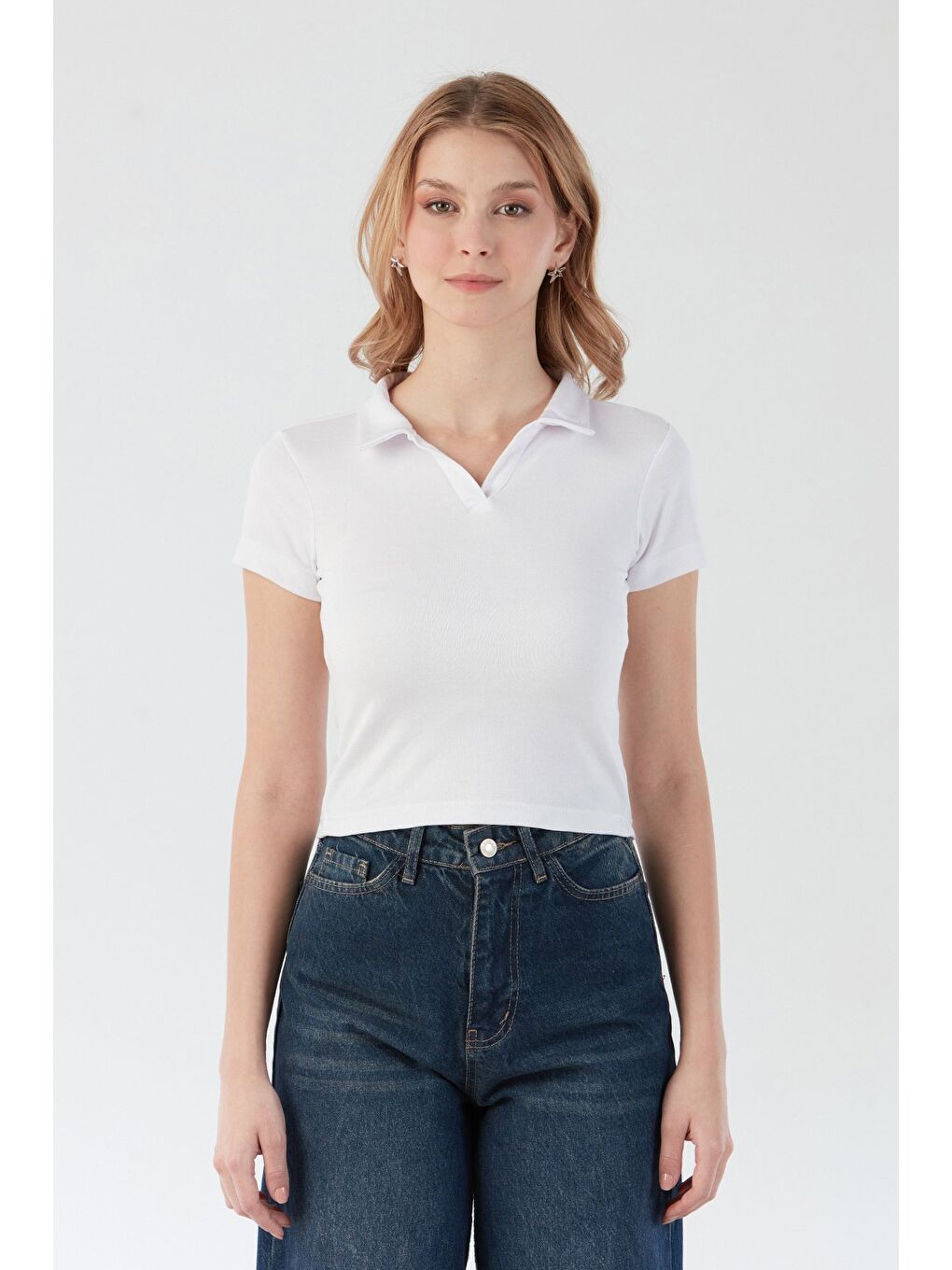 Beyaz Basic Polo Yaka Tişört-4