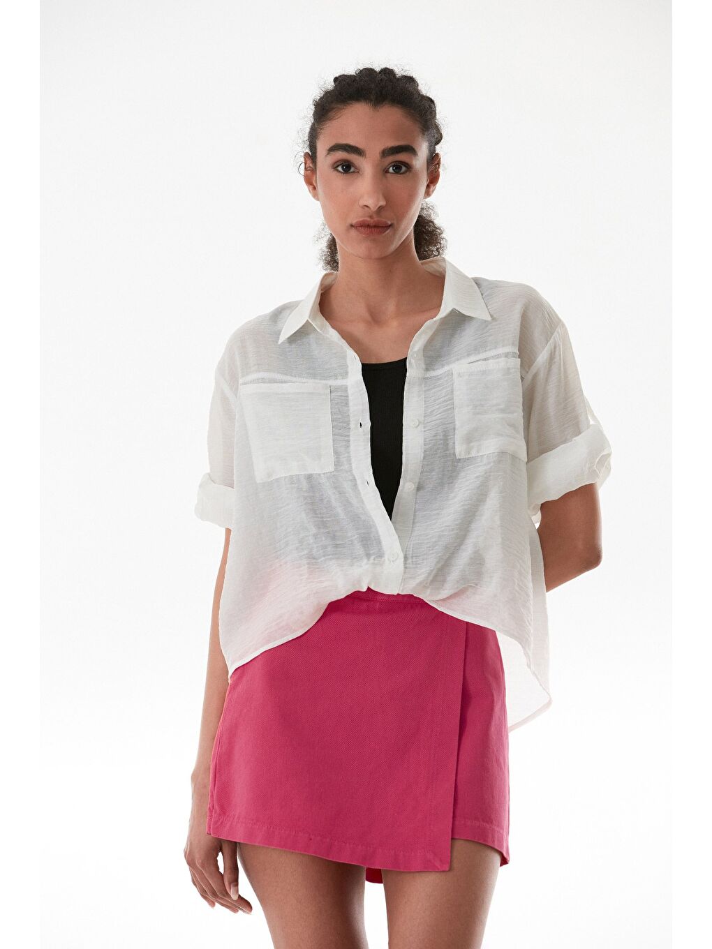 Ekru Basic Body Detaylı Çift Cepli Crop Gömlek-2