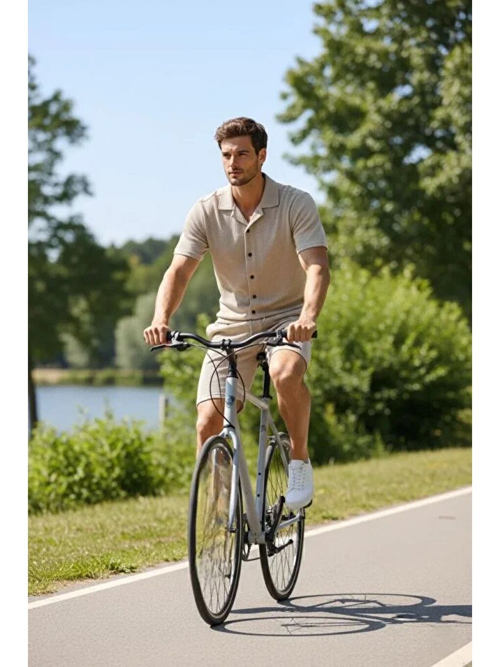 Erkek Waffle Kumaş Kısa Kollu Gömlek Şort Takım Regular Fit Yazlık İkili Set - Bej-2