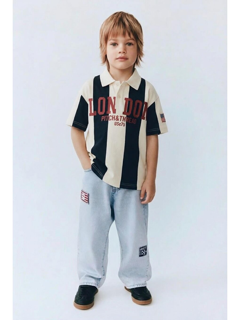 Karışık Erkek Çocuk Pamuklu Oversize Polo Yaka Baskılı T-Shirt Ve Bol Paça Jean Pantolon Takım