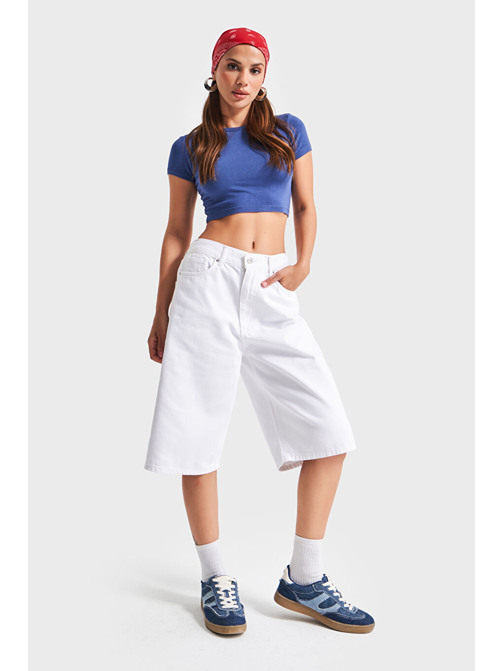 Kadın Beyaz Renk 5s5 2 Maxi Boy Beli Lastikli  100 Pamuk İç Göstermez Denim Bermuda Şort