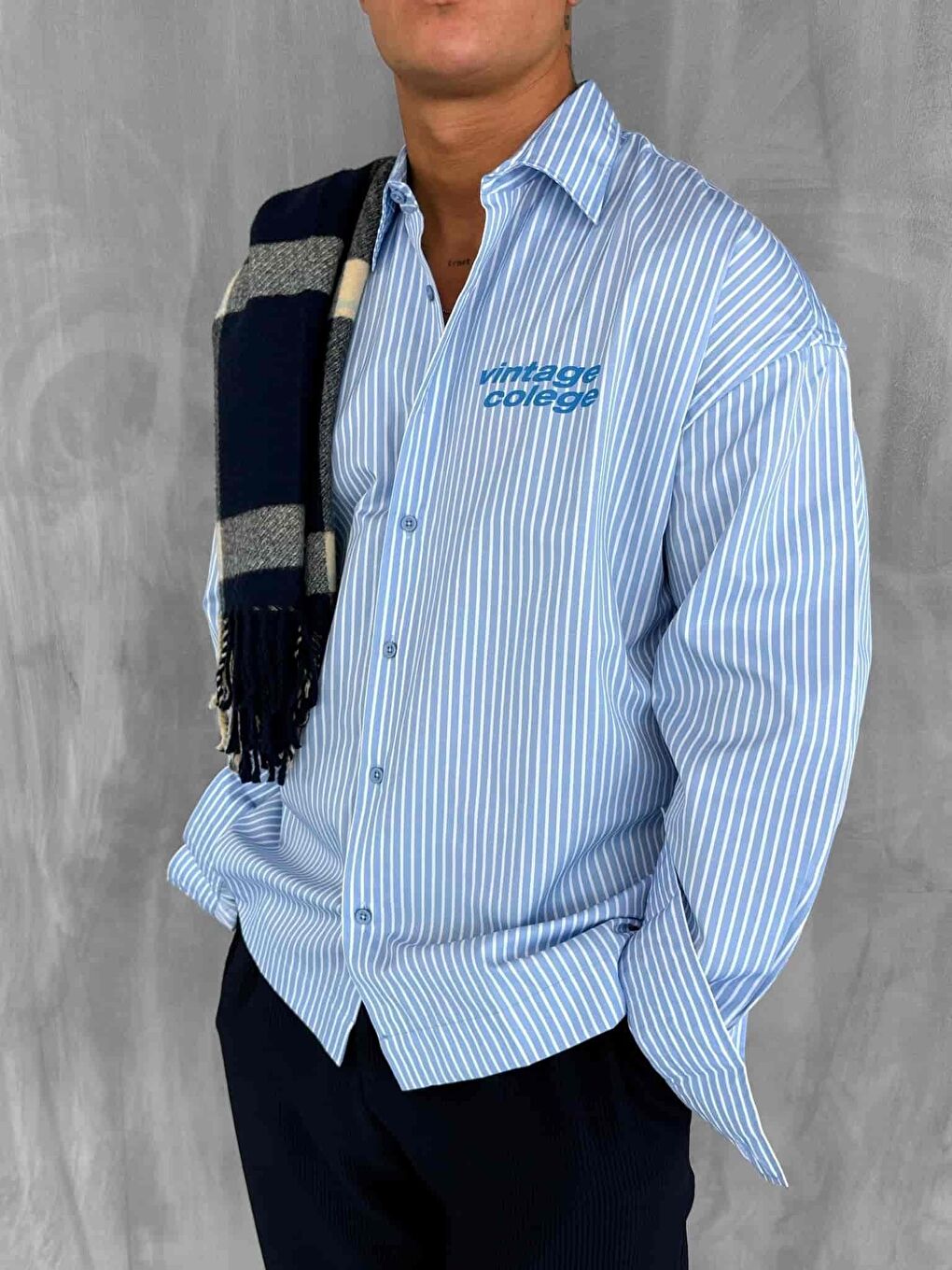 Erkek Oversize Baskılı Uzun Kollu Gömlek Mavi-2