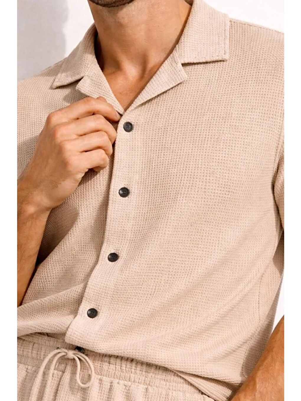 Erkek Waffle Kumaş Kısa Kollu Gömlek Şort Takım Regular Fit Yazlık İkili Set - Bej-3