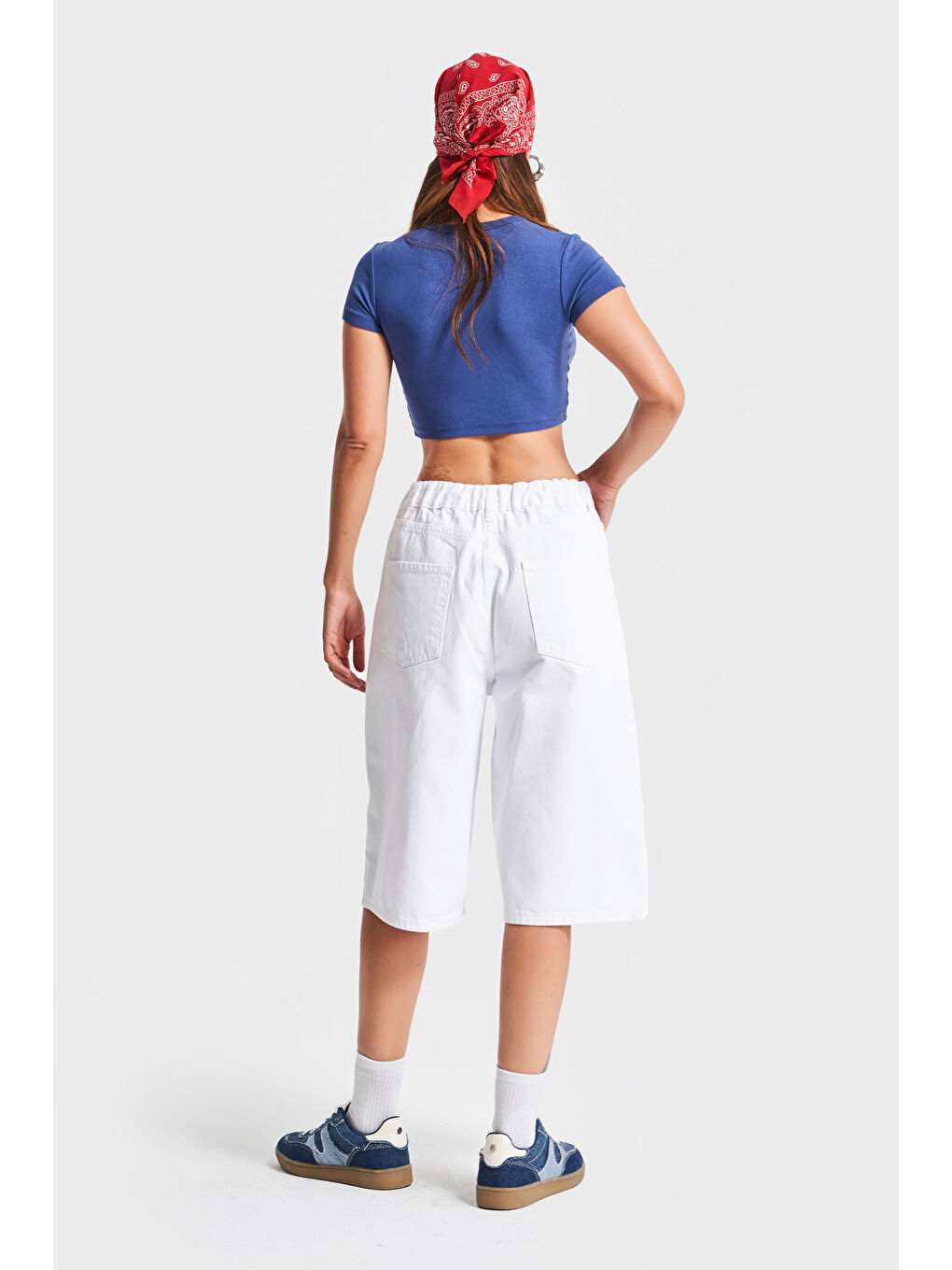 Kadın Beyaz Renk 5s5 2 Maxi Boy Beli Lastikli  100 Pamuk İç Göstermez Denim Bermuda Şort-3