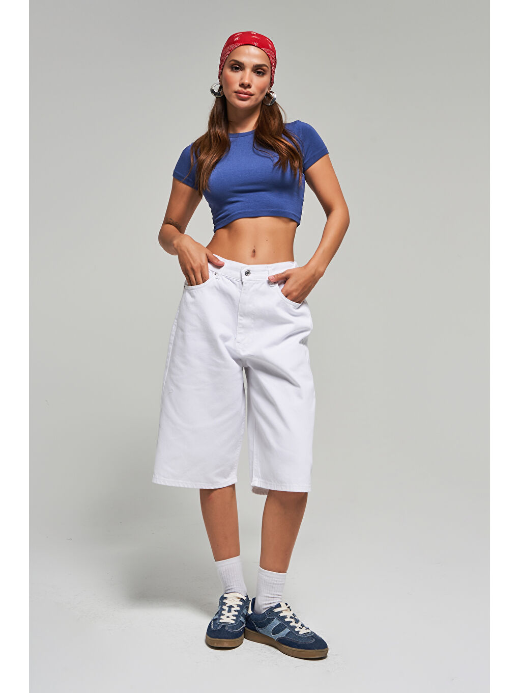 Kadın Beyaz Renk 5s5 2 Maxi Boy Beli Lastikli  100 Pamuk İç Göstermez Denim Bermuda Şort-4