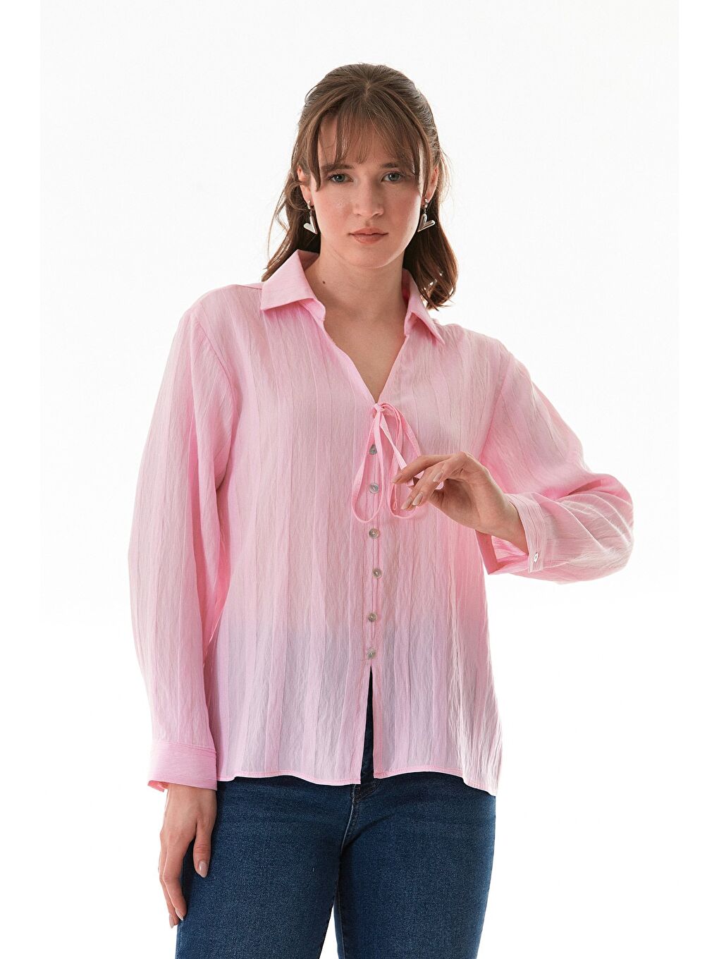 Pembe Önü Bağlamalı Düğmeli Salaş Gömlek