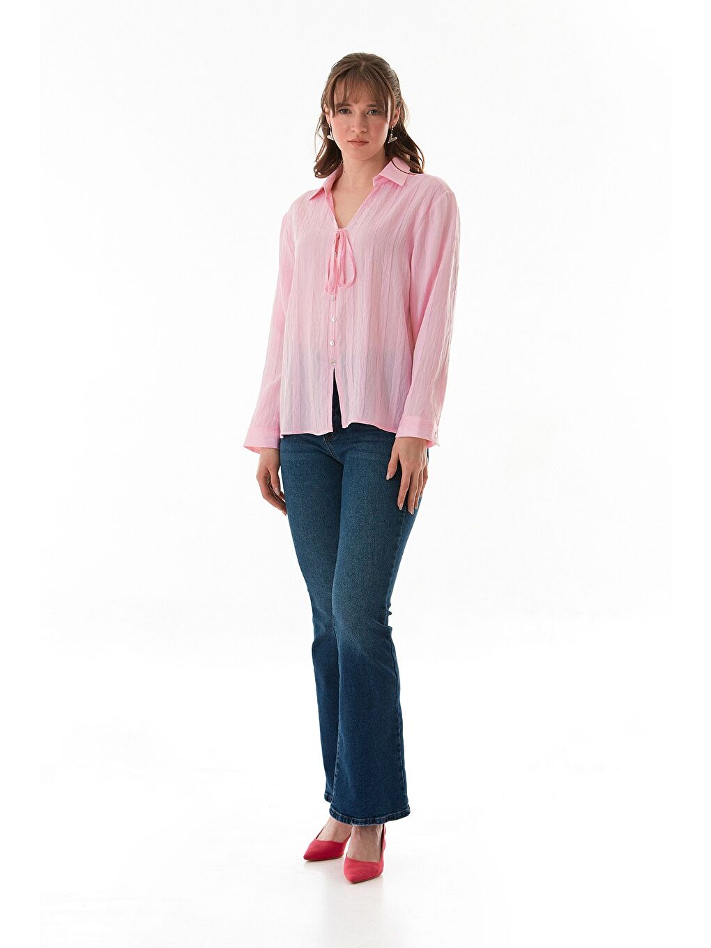 Pembe Önü Bağlamalı Düğmeli Salaş Gömlek-1