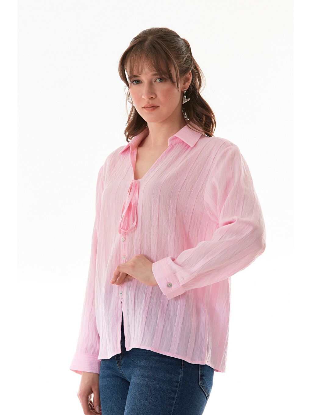 Pembe Önü Bağlamalı Düğmeli Salaş Gömlek-2