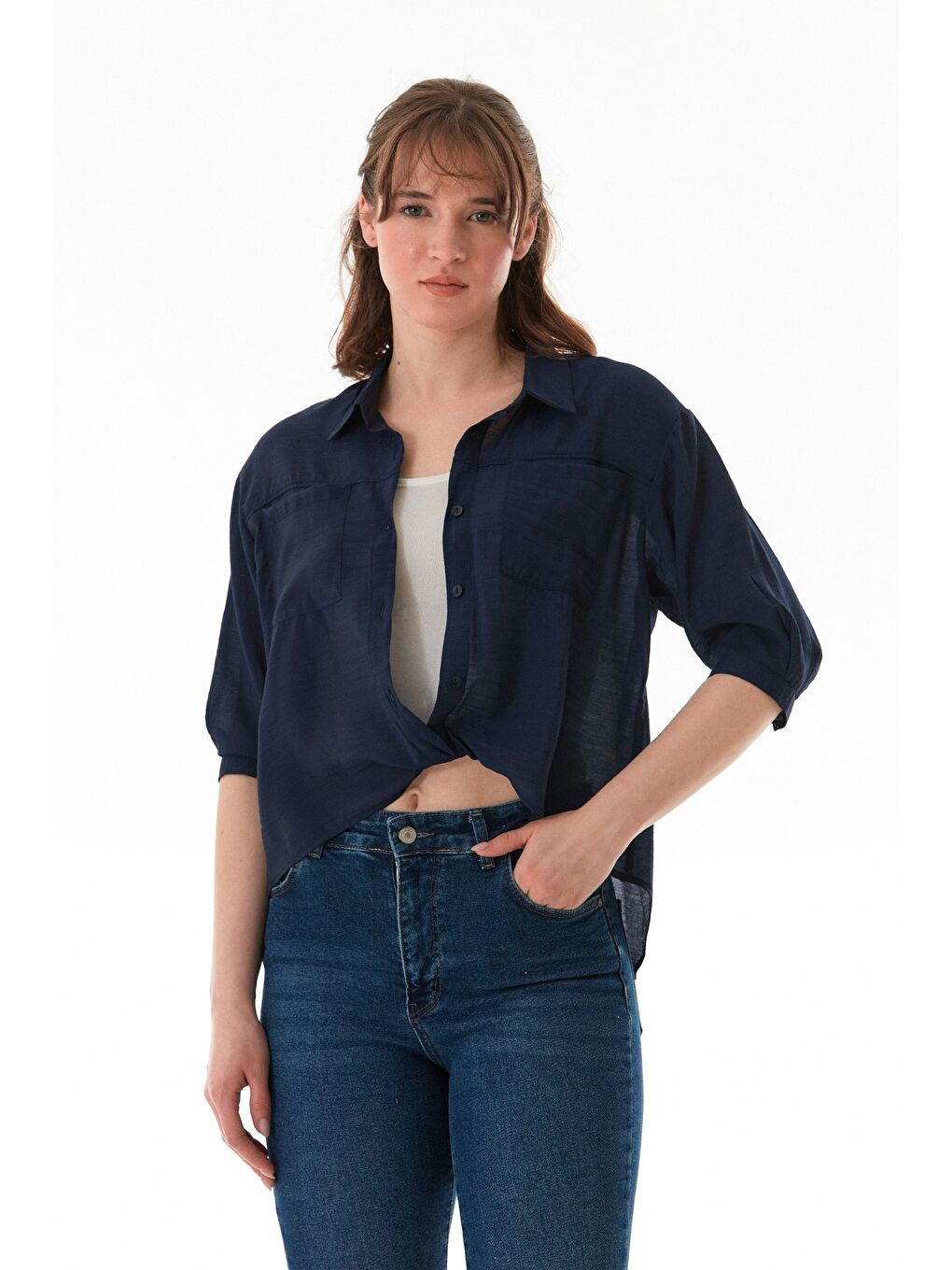 Lacivert Basic Body Detaylı Çift Cepli Crop Gömlek