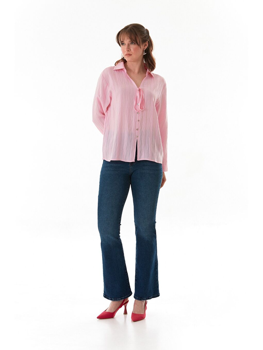 Pembe Önü Bağlamalı Düğmeli Salaş Gömlek-3