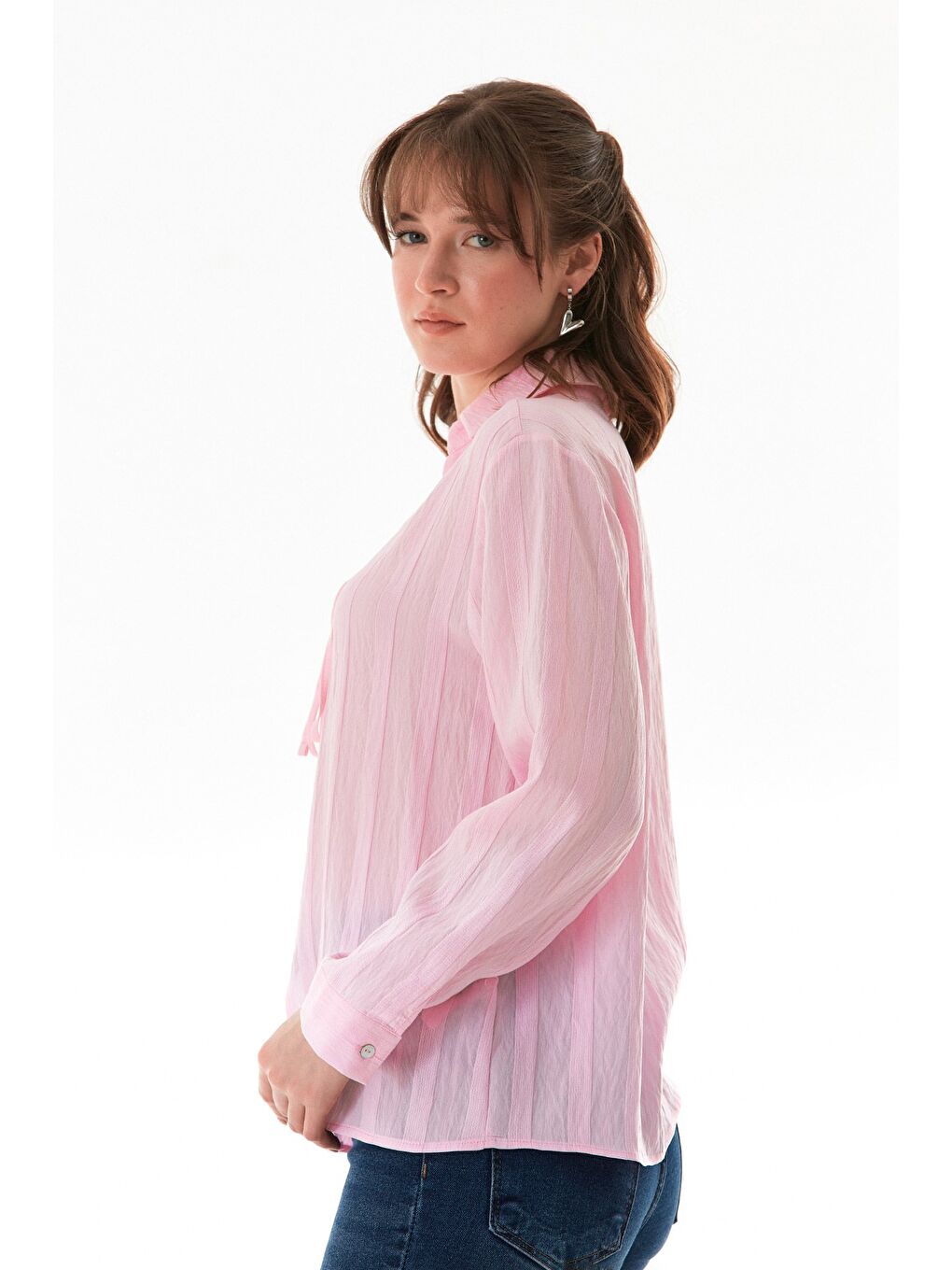 Pembe Önü Bağlamalı Düğmeli Salaş Gömlek-4