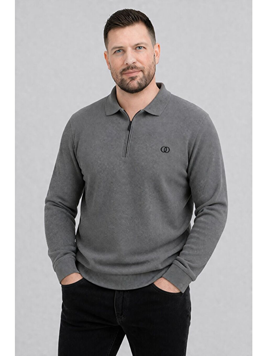 Antrasit Erkek Pamuklu Polo Yaka Yarım Fermuarlı Manşetli Fitilli Kaliteli Uzun Kollu Kazak