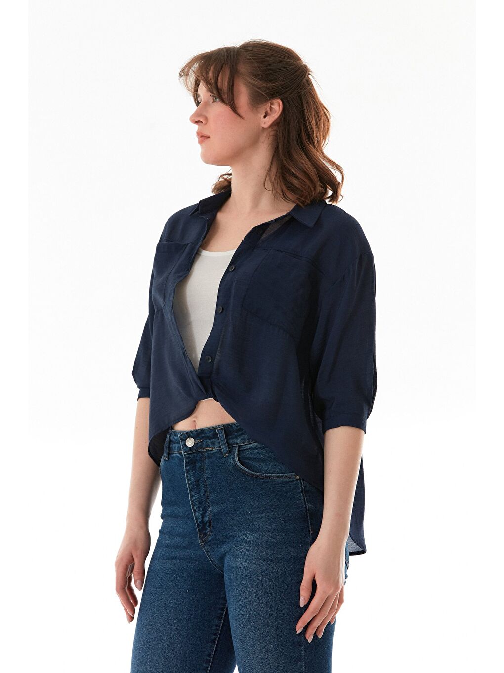Lacivert Basic Body Detaylı Çift Cepli Crop Gömlek-2