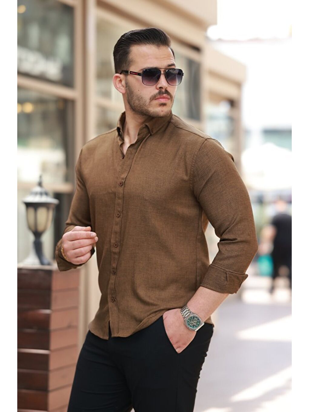 Kahverengi Erkek Uzun Kollu Gömlek-1