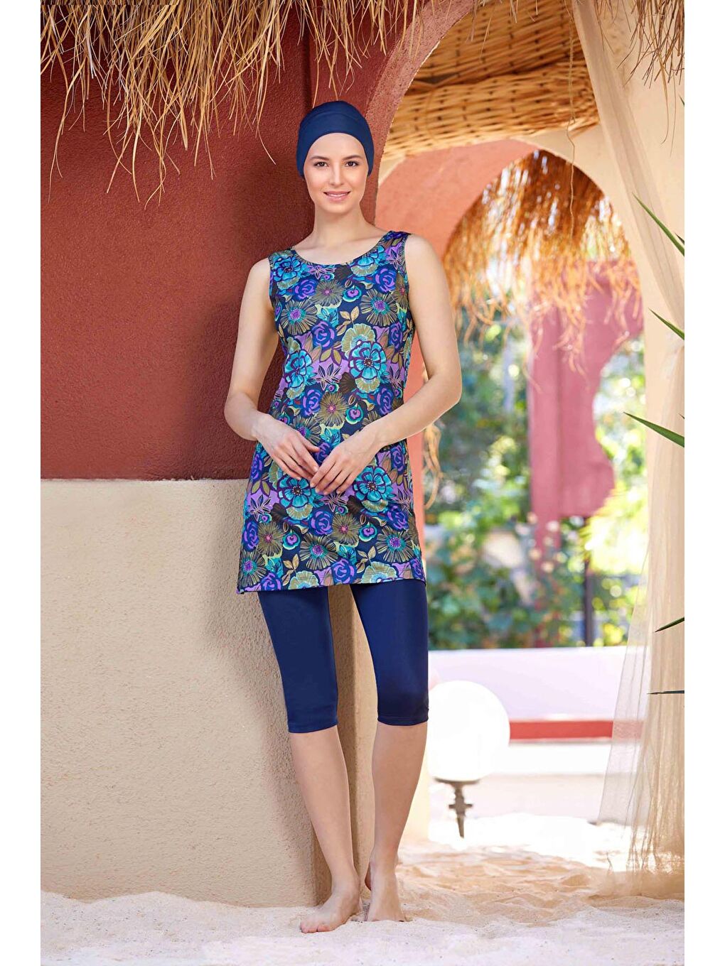 Mor Çiçek Desenli Sıfır Kol 4 Lü Tesettür Mayo