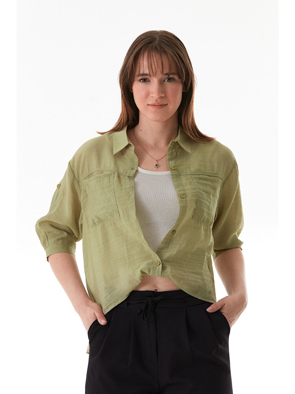 Turkuaz Basic Body Detaylı Çift Cepli Crop Gömlek