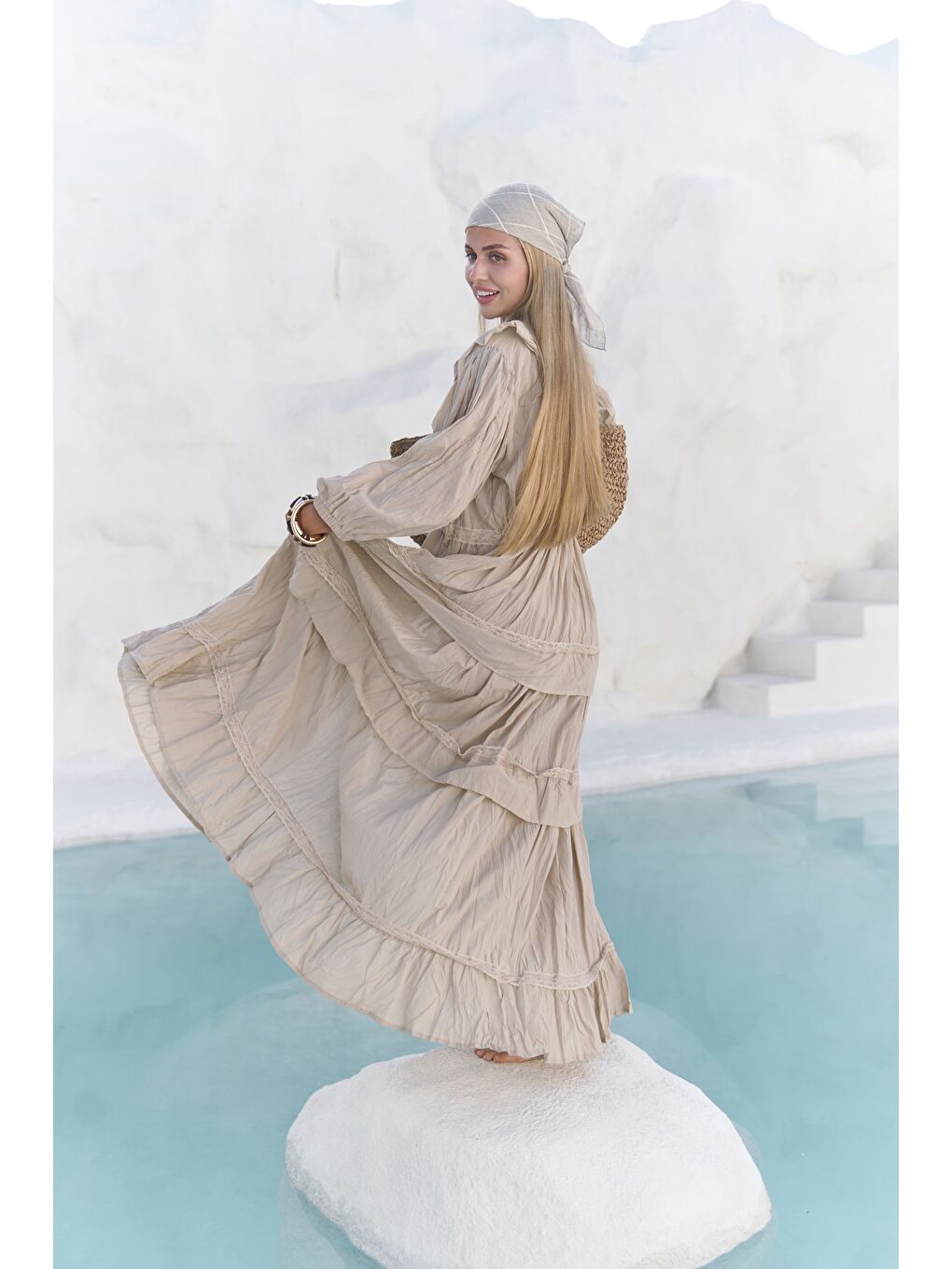 Trieste Dantel Detay Bej Uzun Elbise-2