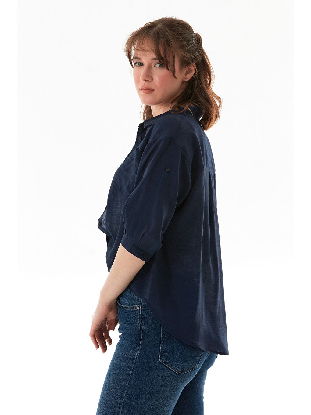 Lacivert Basic Body Detaylı Çift Cepli Crop Gömlek-3