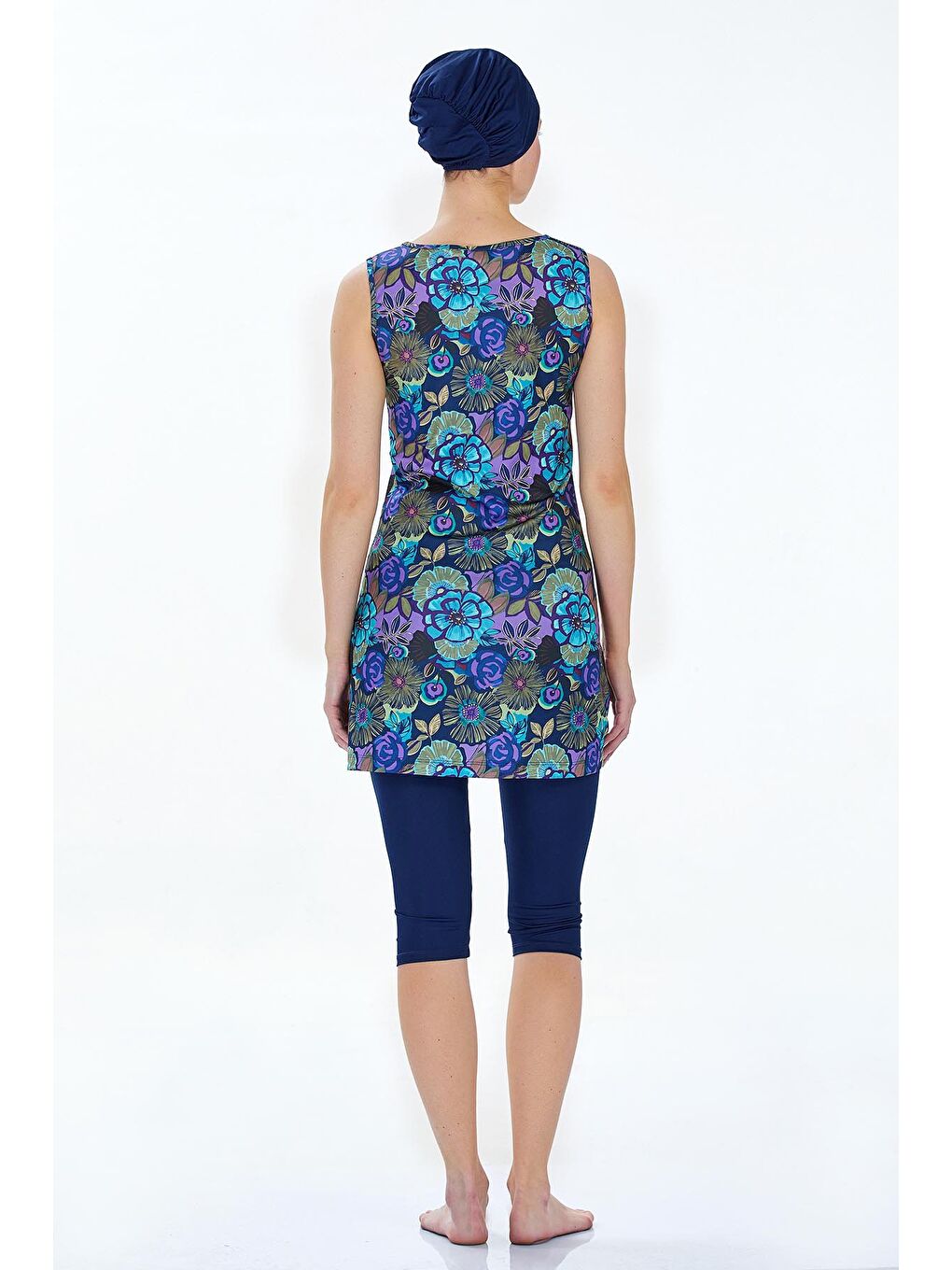 Mor Çiçek Desenli Sıfır Kol 4 Lü Tesettür Mayo-1