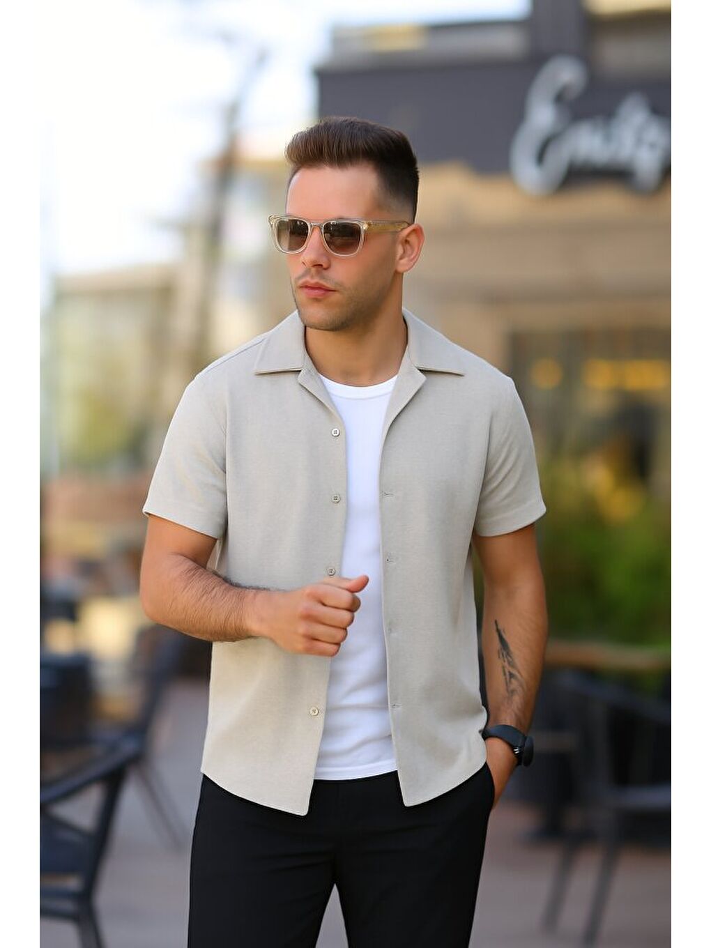 Antrasit Erkek Kısa Kollu örme Kumaş Pamuklu Gömlek