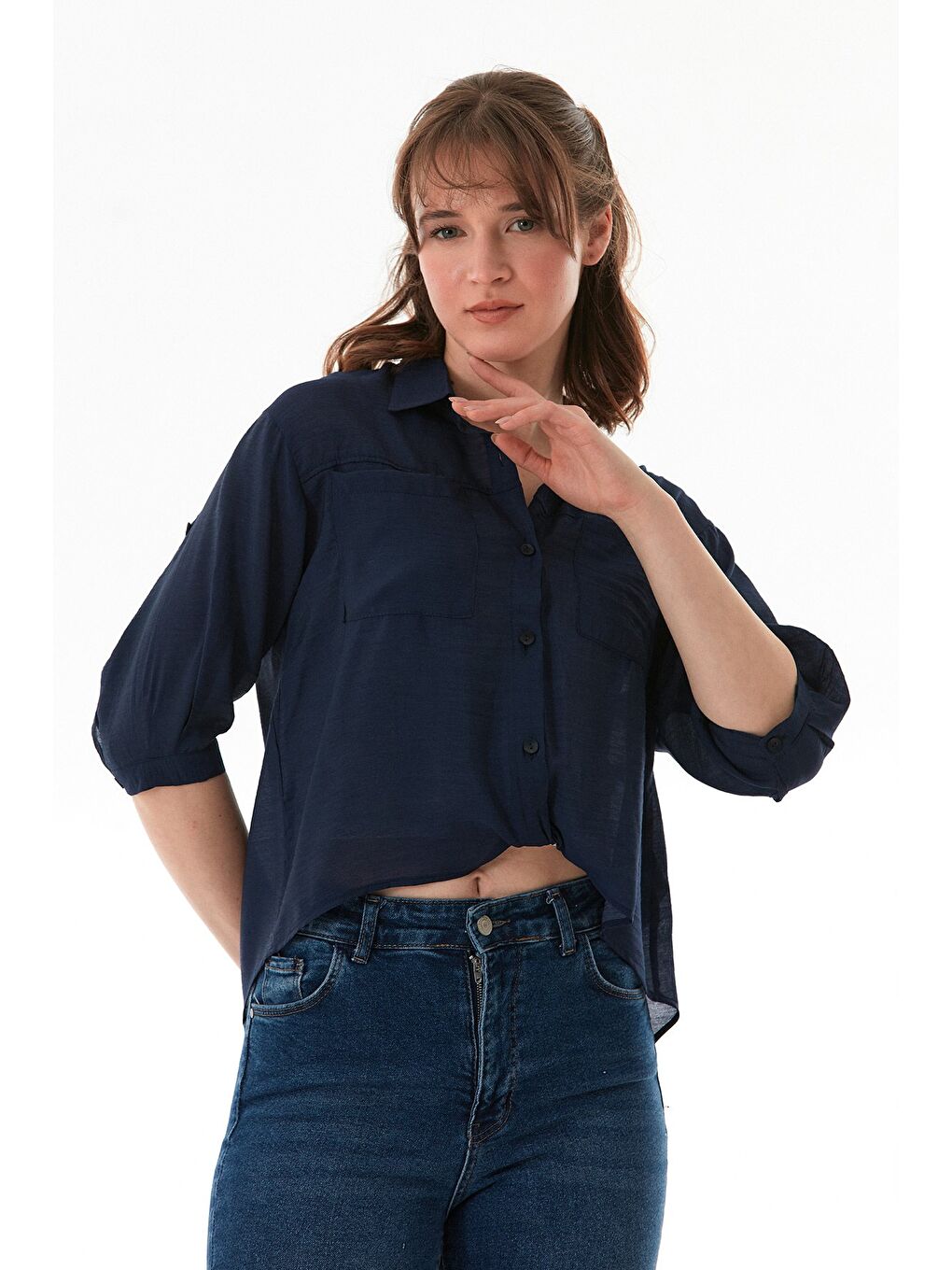Lacivert Basic Body Detaylı Çift Cepli Crop Gömlek-4