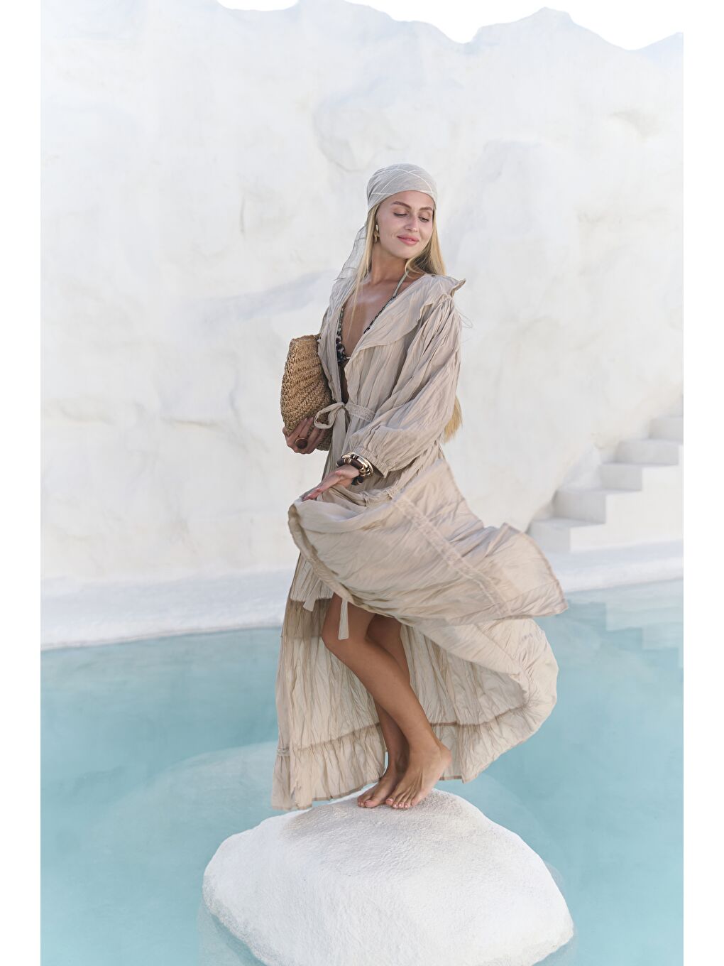 Trieste Dantel Detay Bej Uzun Elbise-3