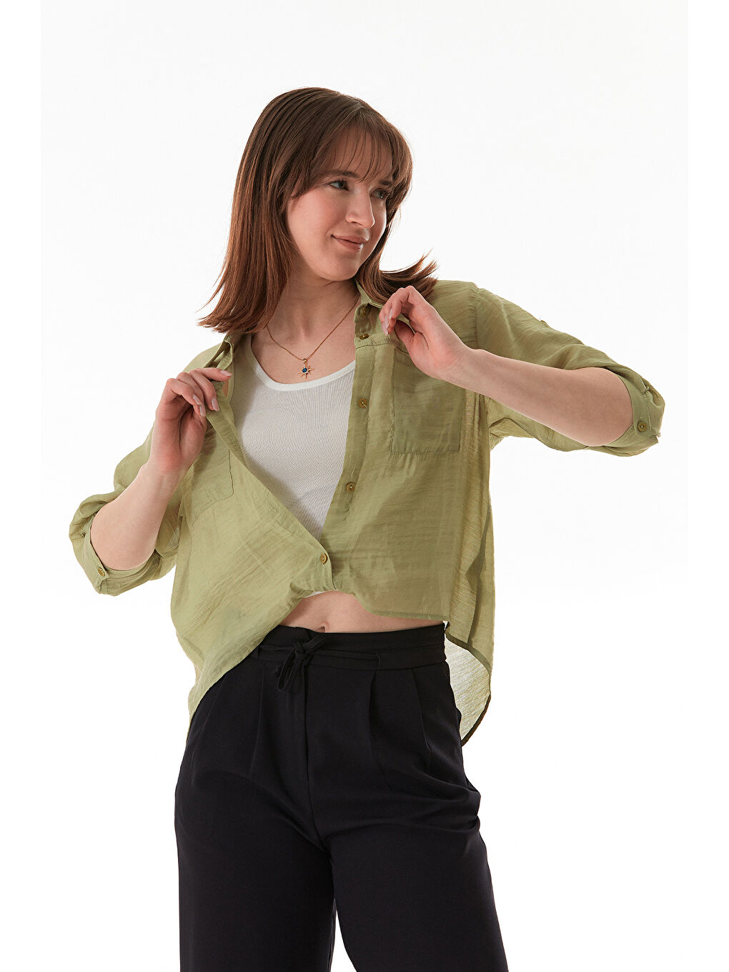 Turkuaz Basic Body Detaylı Çift Cepli Crop Gömlek-1