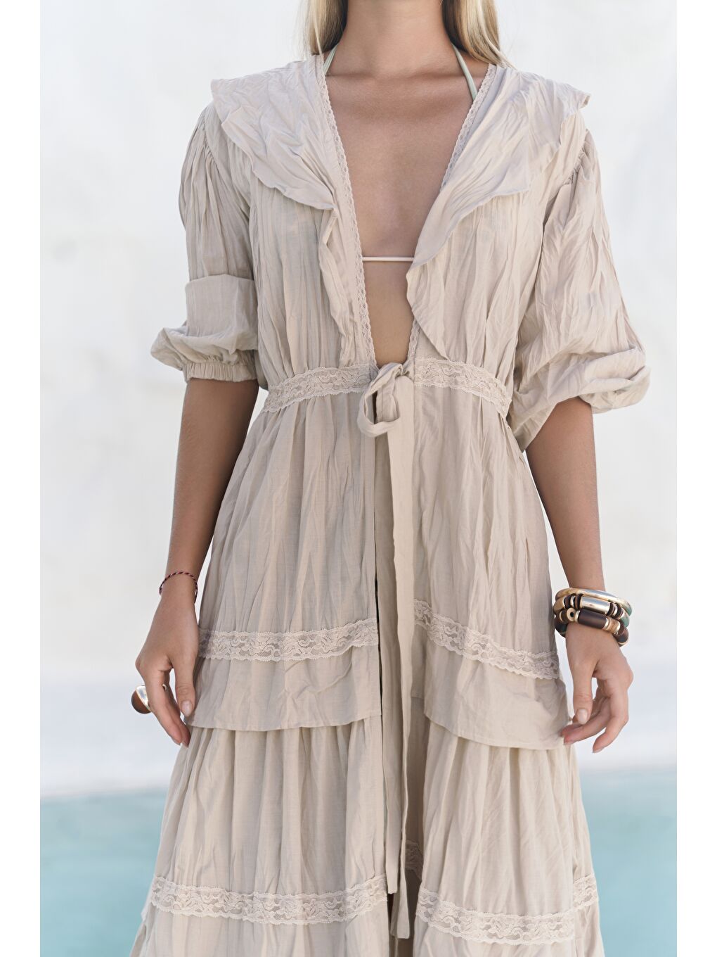 Trieste Dantel Detay Bej Uzun Elbise-4