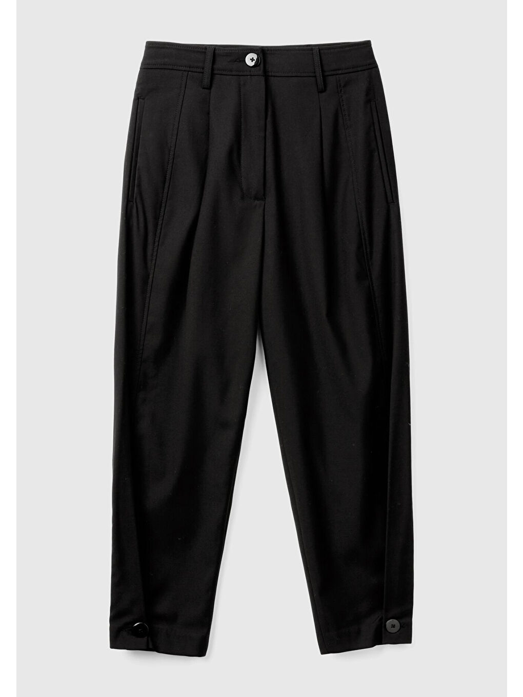 Kadın Siyah Yün Ve Viskoz Karışımlı Paçası Düğme Detaylı Pantolon-2