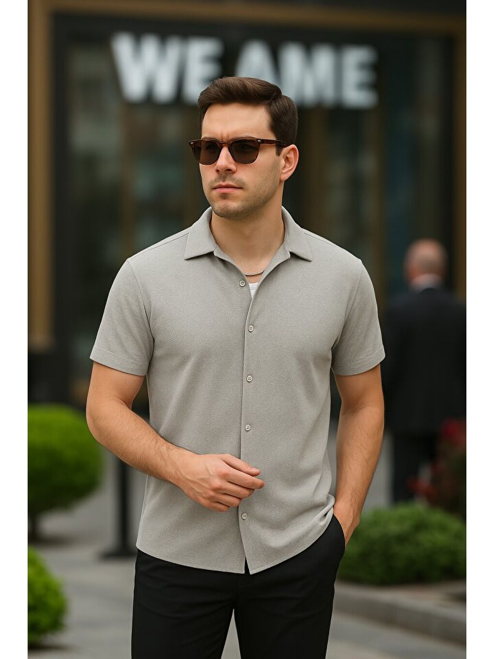 Antrasit Erkek Kısa Kollu örme Kumaş Pamuklu Gömlek-1