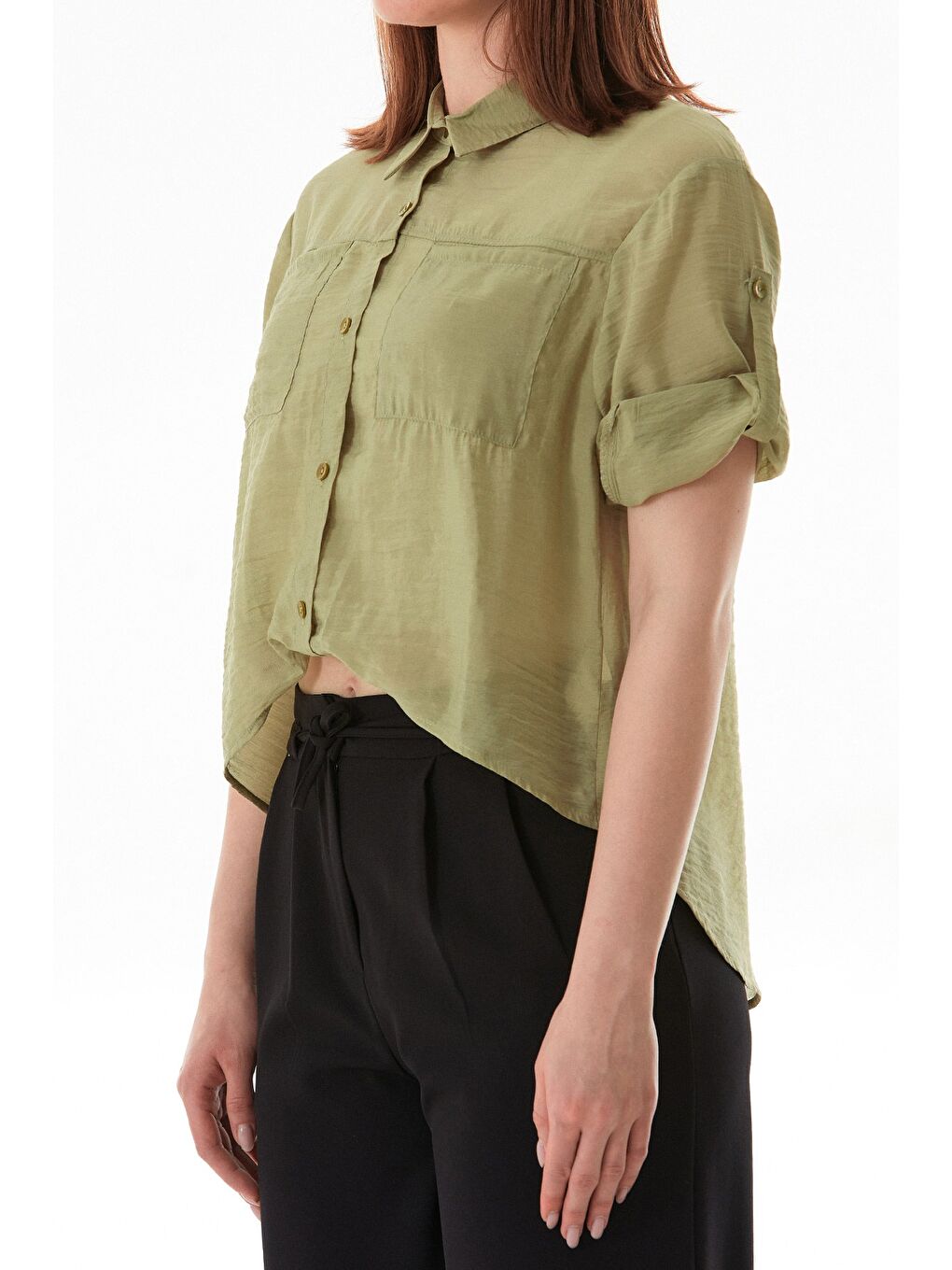 Turkuaz Basic Body Detaylı Çift Cepli Crop Gömlek-4