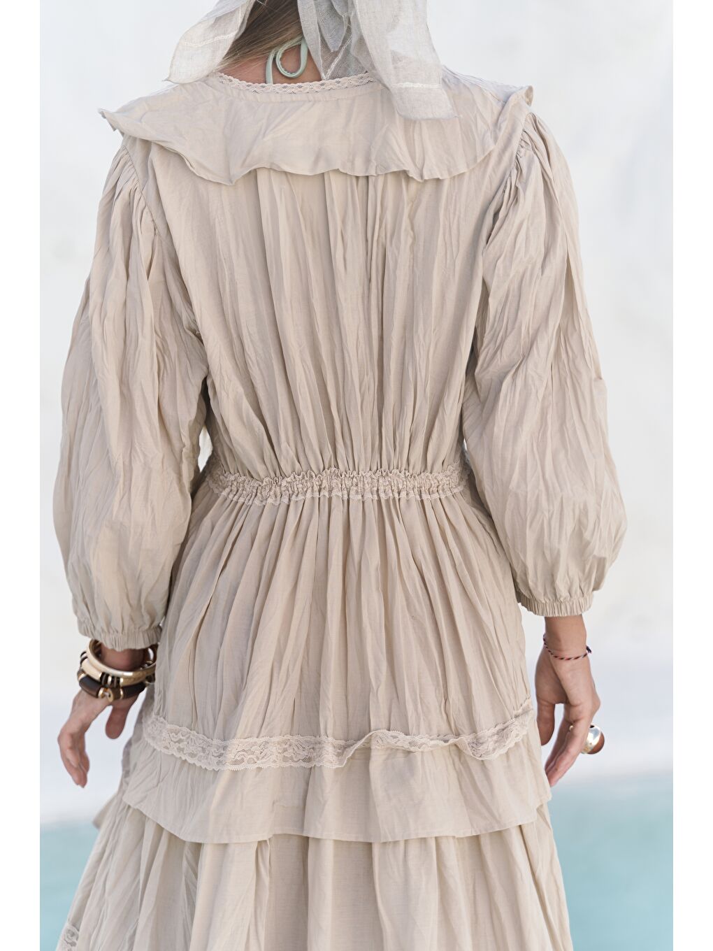 Trieste Dantel Detay Bej Uzun Elbise-5