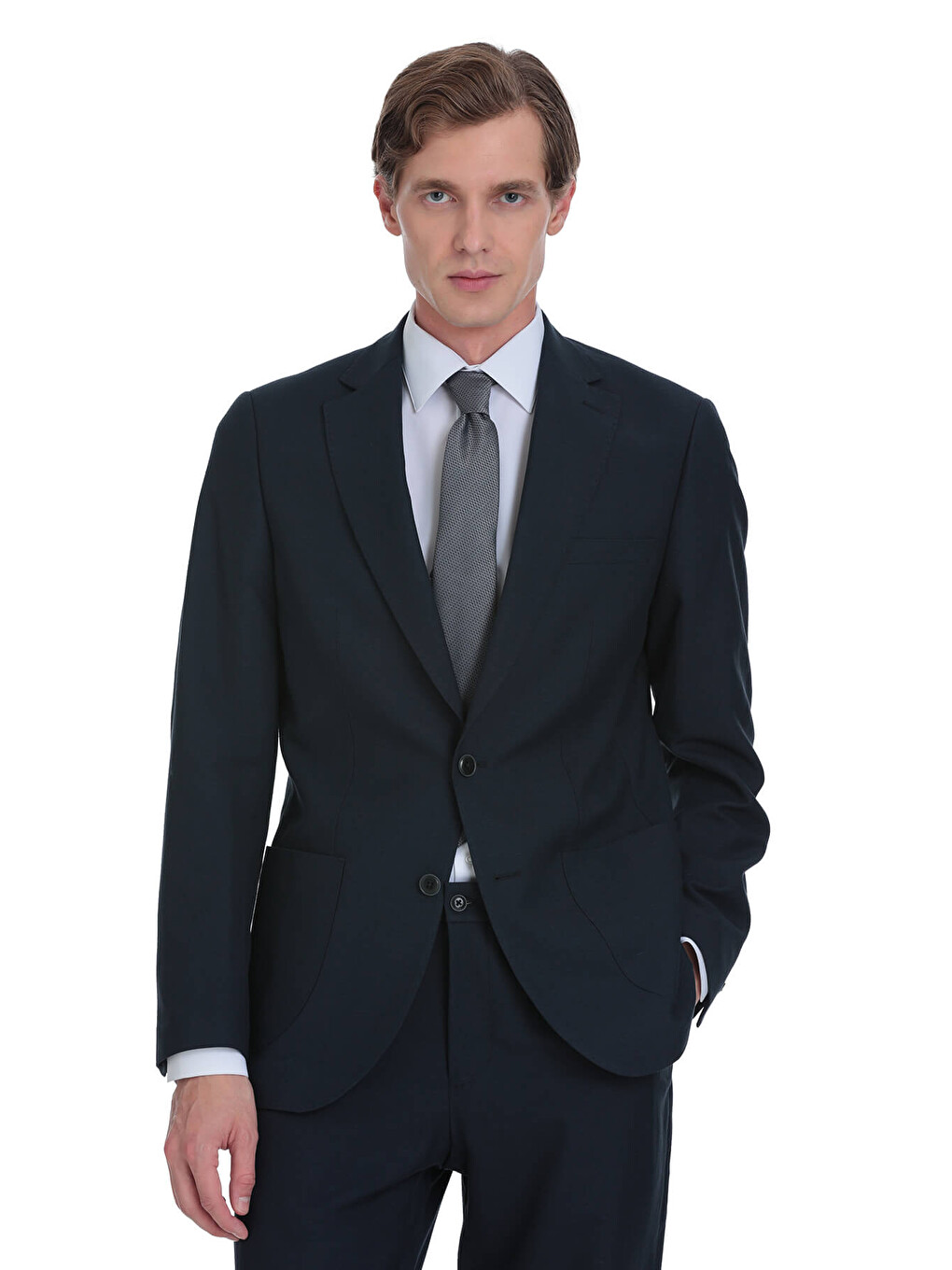 Lacivert Slim Fit Mono Yaka Keten Takım Elbise-1