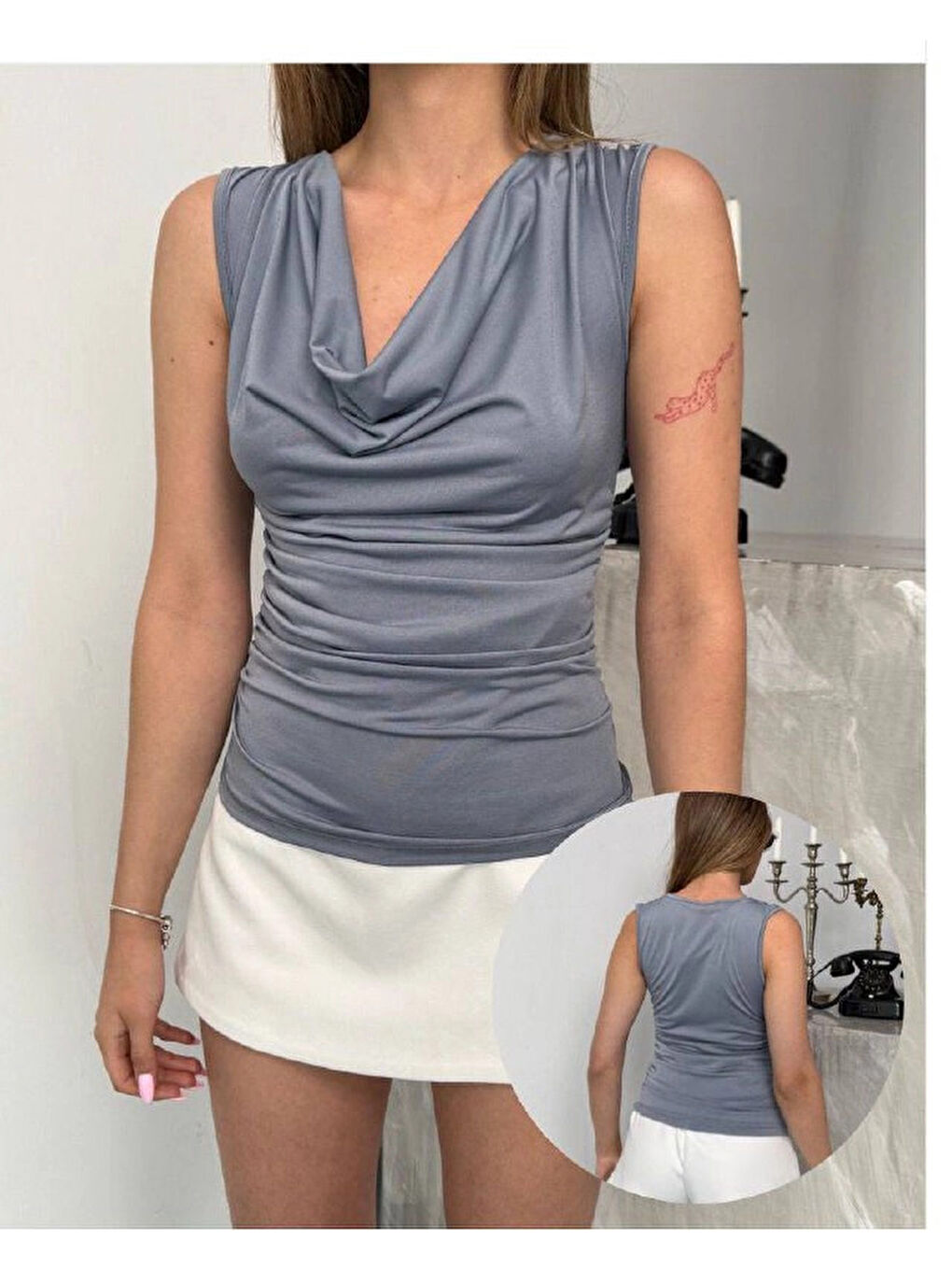 Kadın Gri Degaje Yaka Yanlardan Drapeli Sandy Bluz HZL25S-FRY123131-2