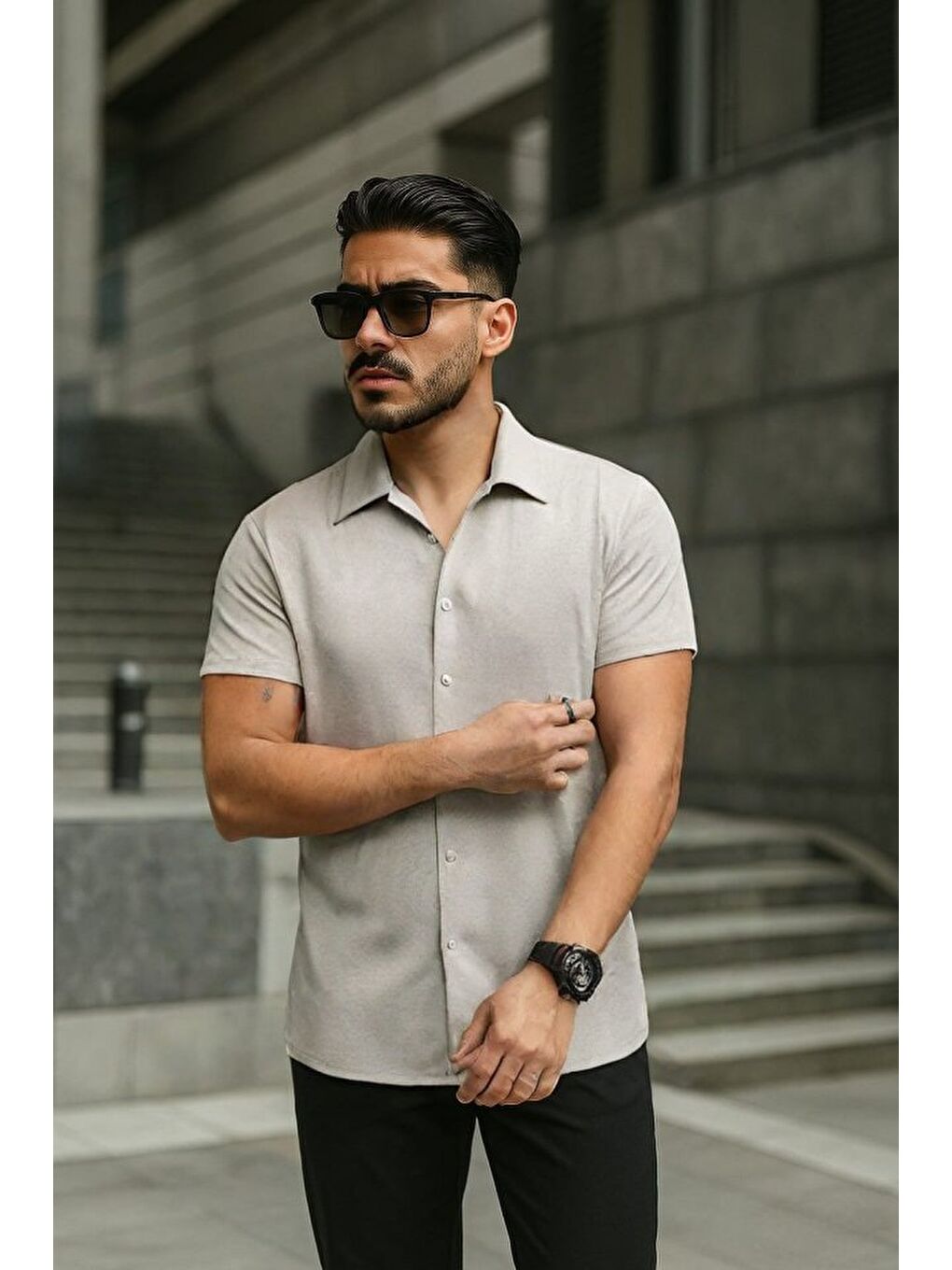 Antrasit Erkek Kısa Kollu örme Kumaş Pamuklu Gömlek-2