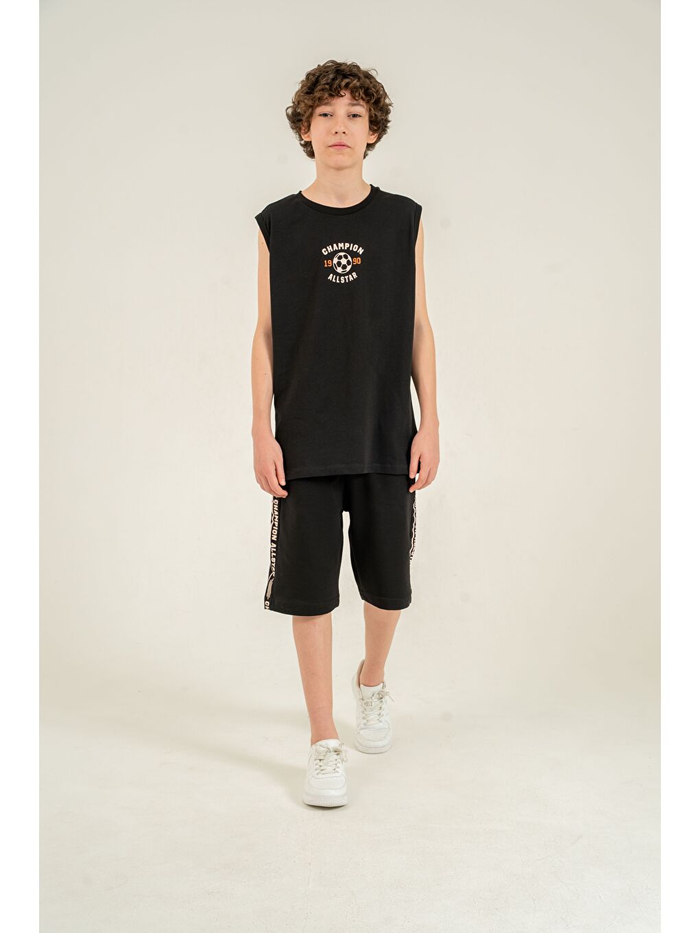 Siyah Champion Allstar 1990 Baskılı Üst Atlet Alt Sağ Sol  Baskılı Erkek Çocuk Şort - Atlet Takımı
