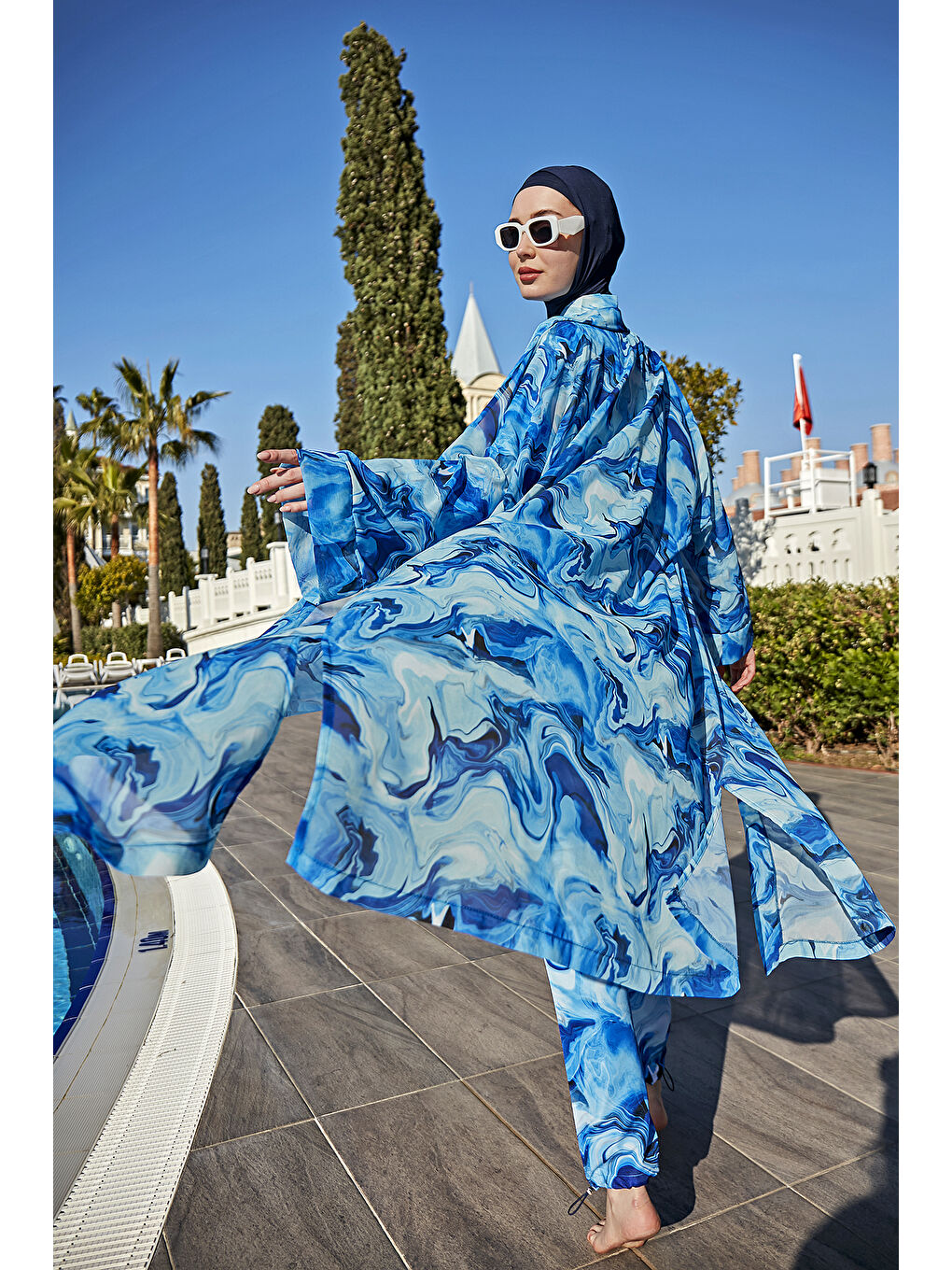 Mavi Tesettür Mayo Üzerine Tek Kaftan Kimono Pareo RP010 Nil-1