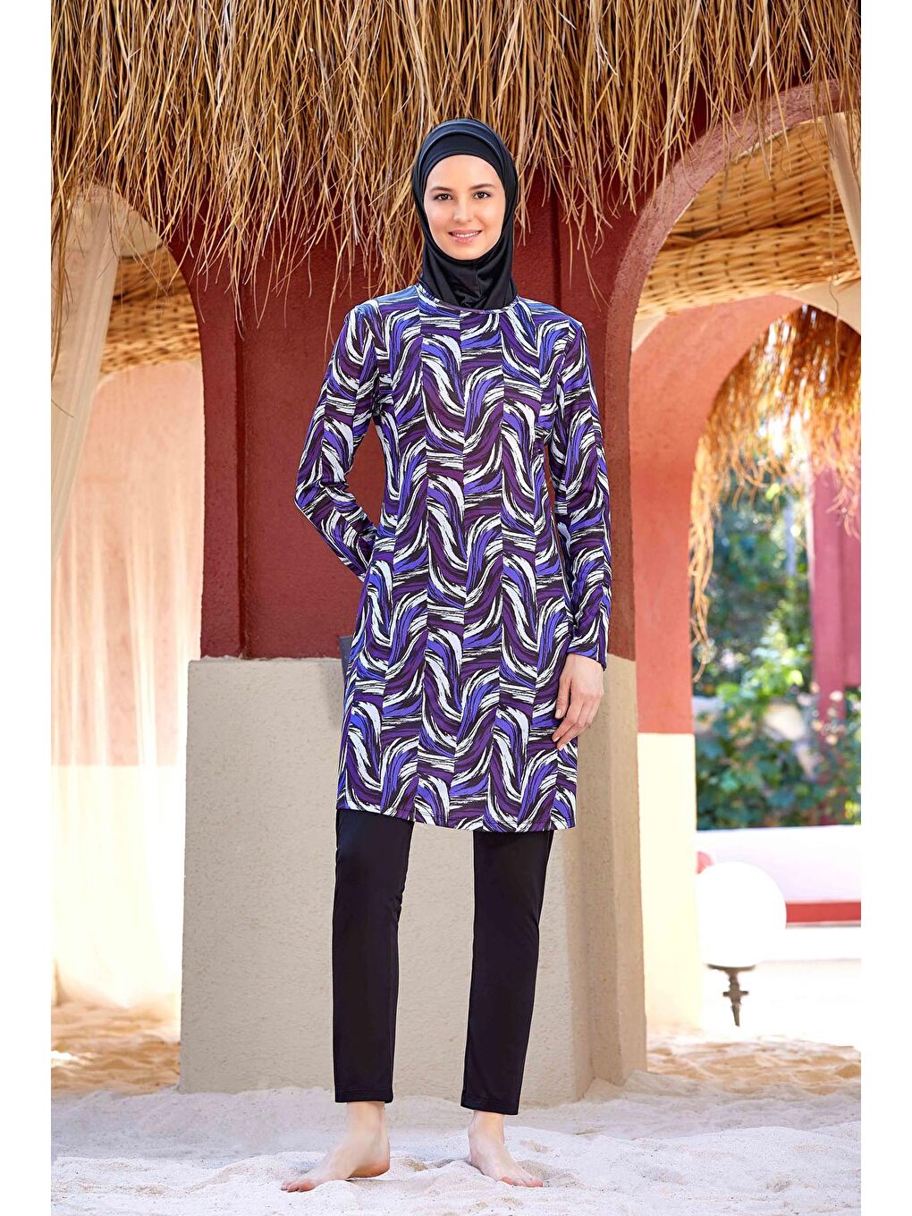 Mor Desenli 5 Li Tesettür Mayo