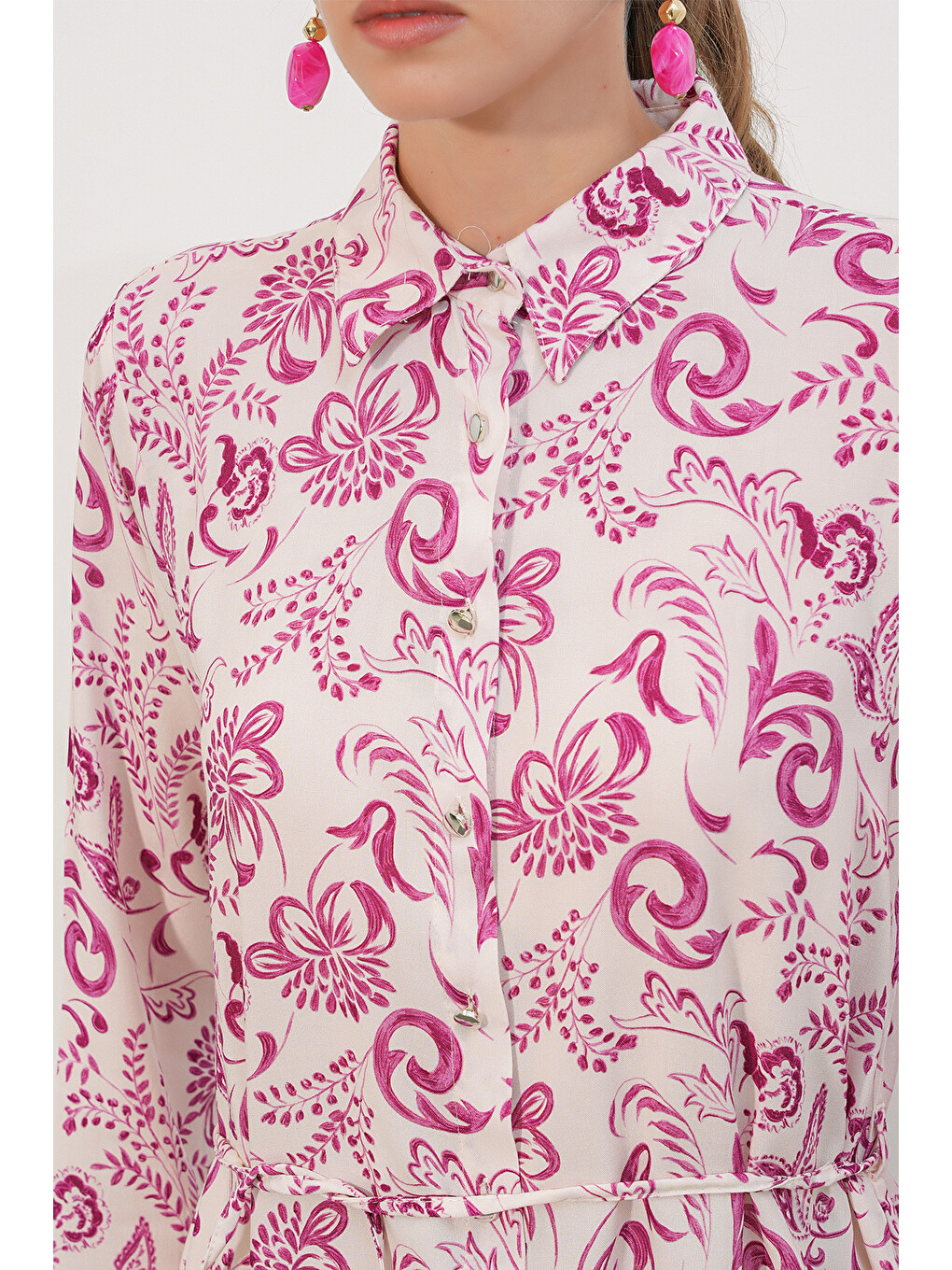 Kadın Desenli Uzun Gömlek Tunik 5997 - Pembe-3