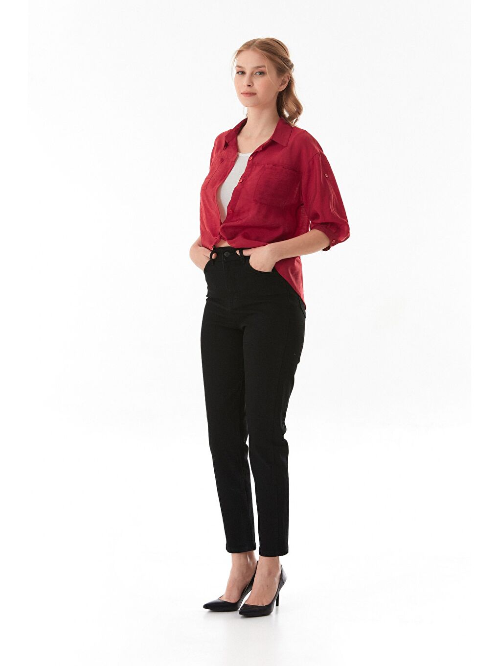 Bordo Basic Body Detaylı Çift Cepli Crop Gömlek-1