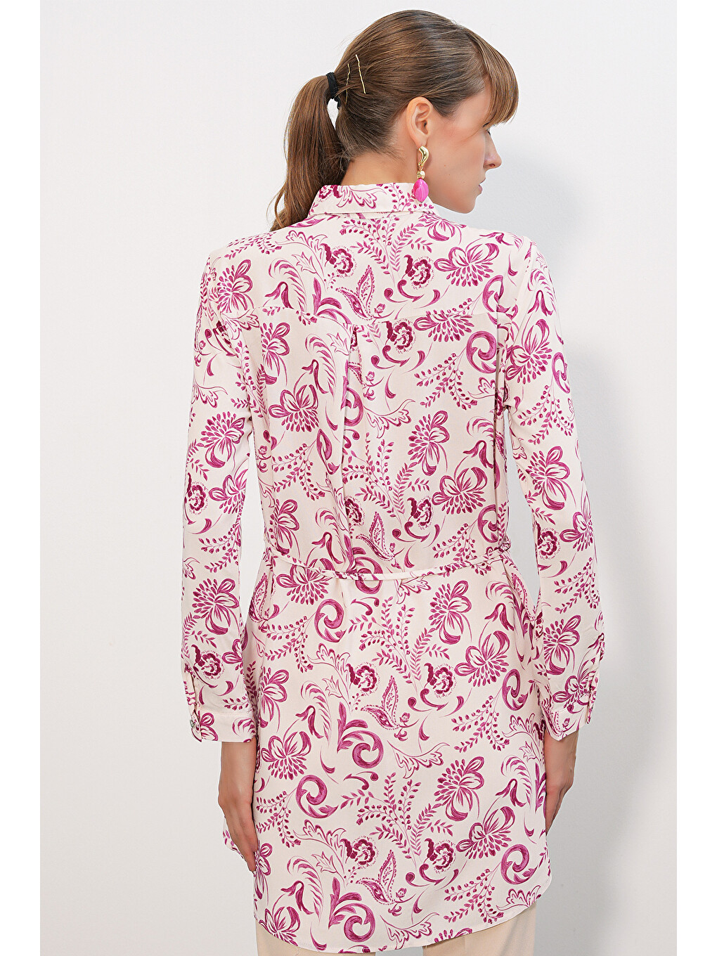 Kadın Desenli Uzun Gömlek Tunik 5997 - Pembe-4