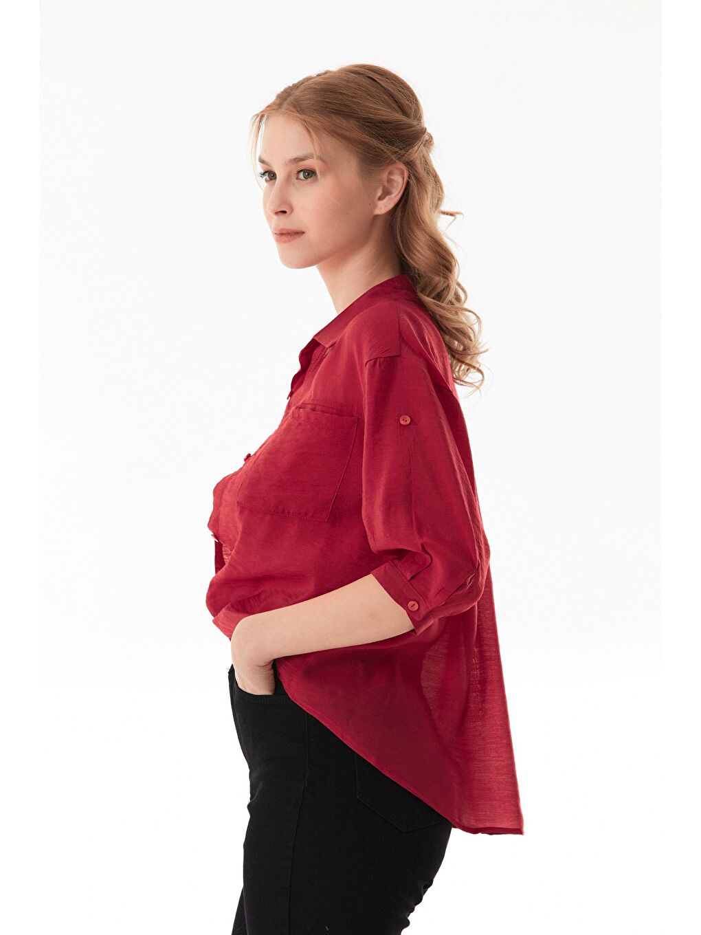 Bordo Basic Body Detaylı Çift Cepli Crop Gömlek-2