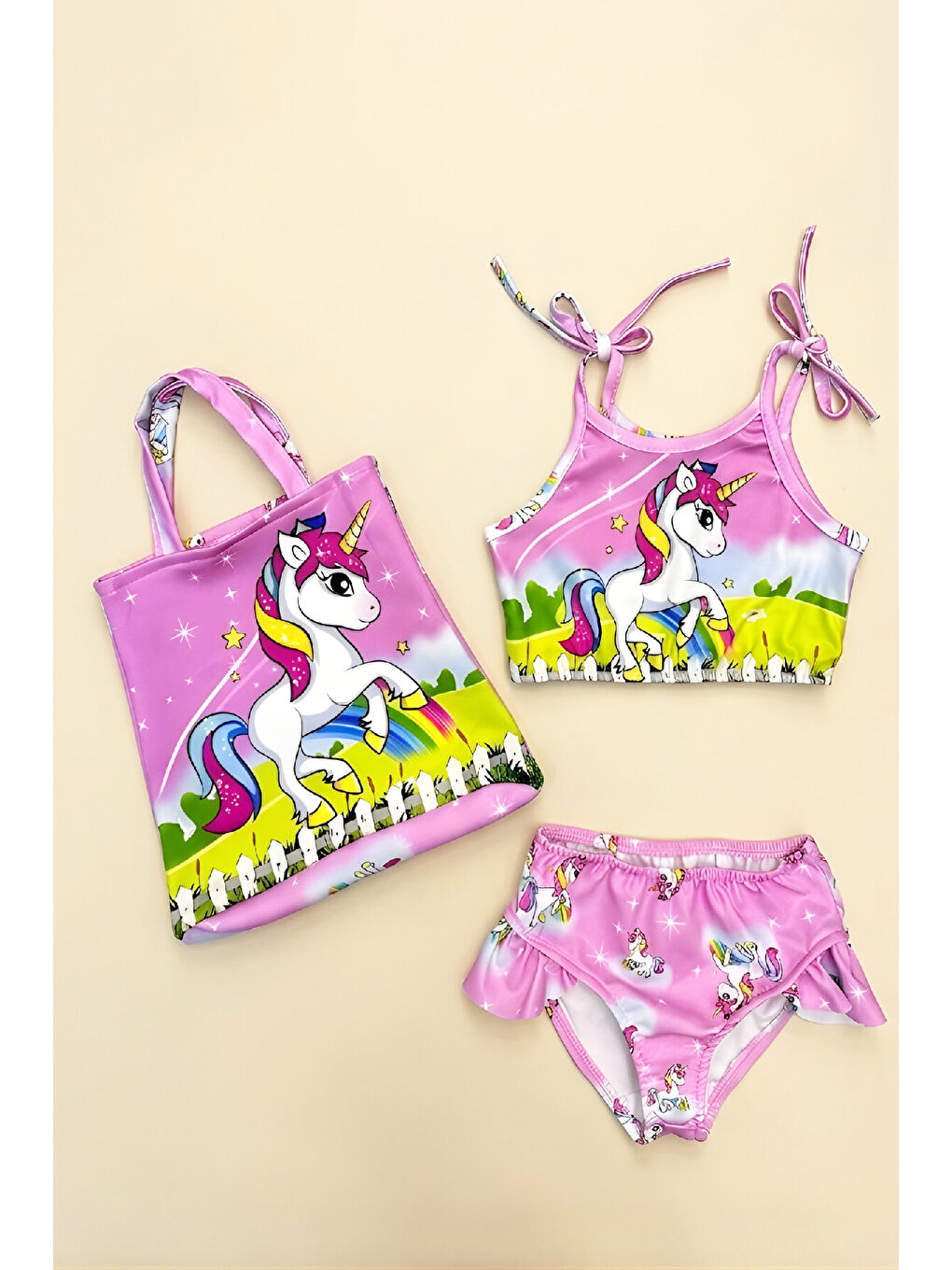 Pembe Kız Çocuk Çantalı 3'lü Mayo Takımı (Çanta+Mayo+Bikini) 3-10 Yaş 12586N