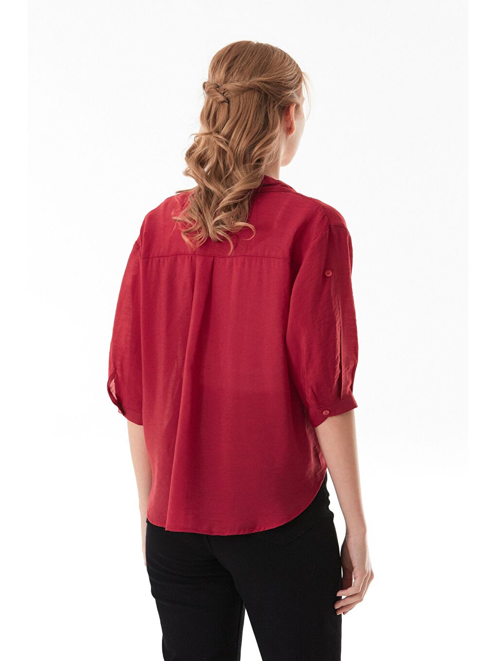 Bordo Basic Body Detaylı Çift Cepli Crop Gömlek-3