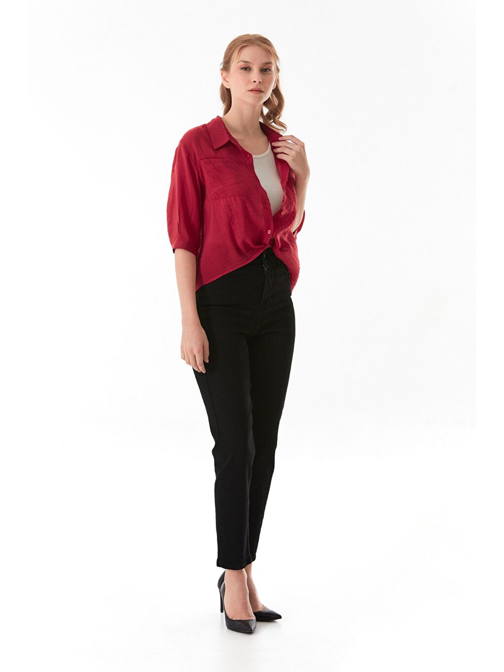 Bordo Basic Body Detaylı Çift Cepli Crop Gömlek-4