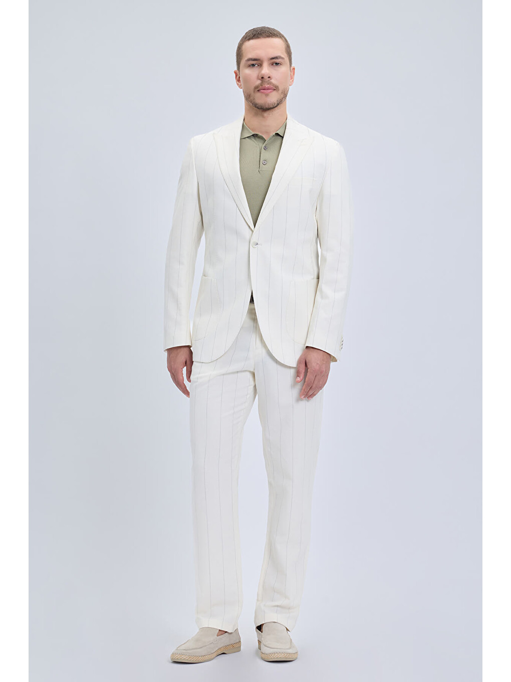 Beyaz Slim Fit Sivri Yaka Çizgili Keten Casual Takım Elbise